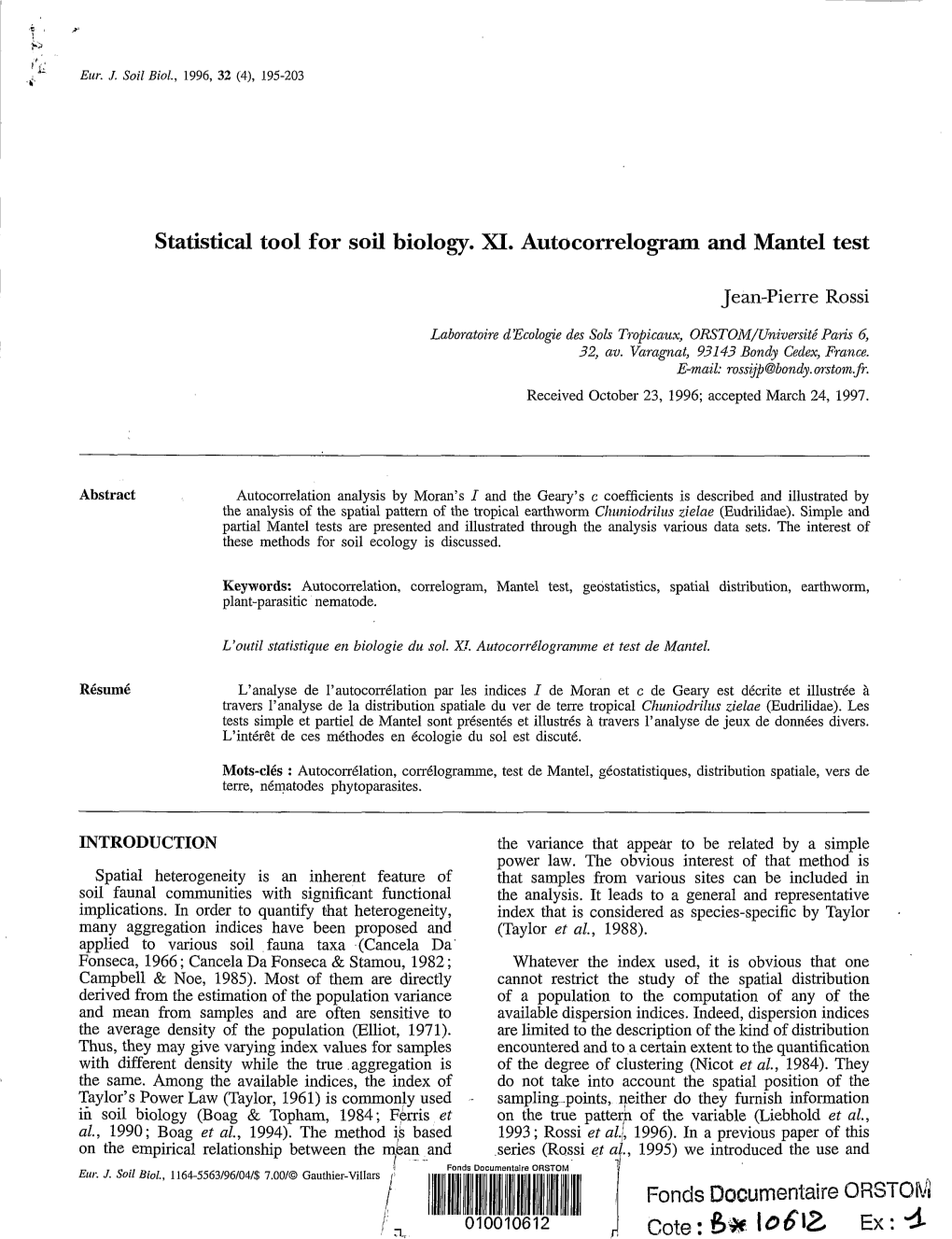 Statistical Tool for Soil Biology : 11. Autocorrelogram and Mantel Test