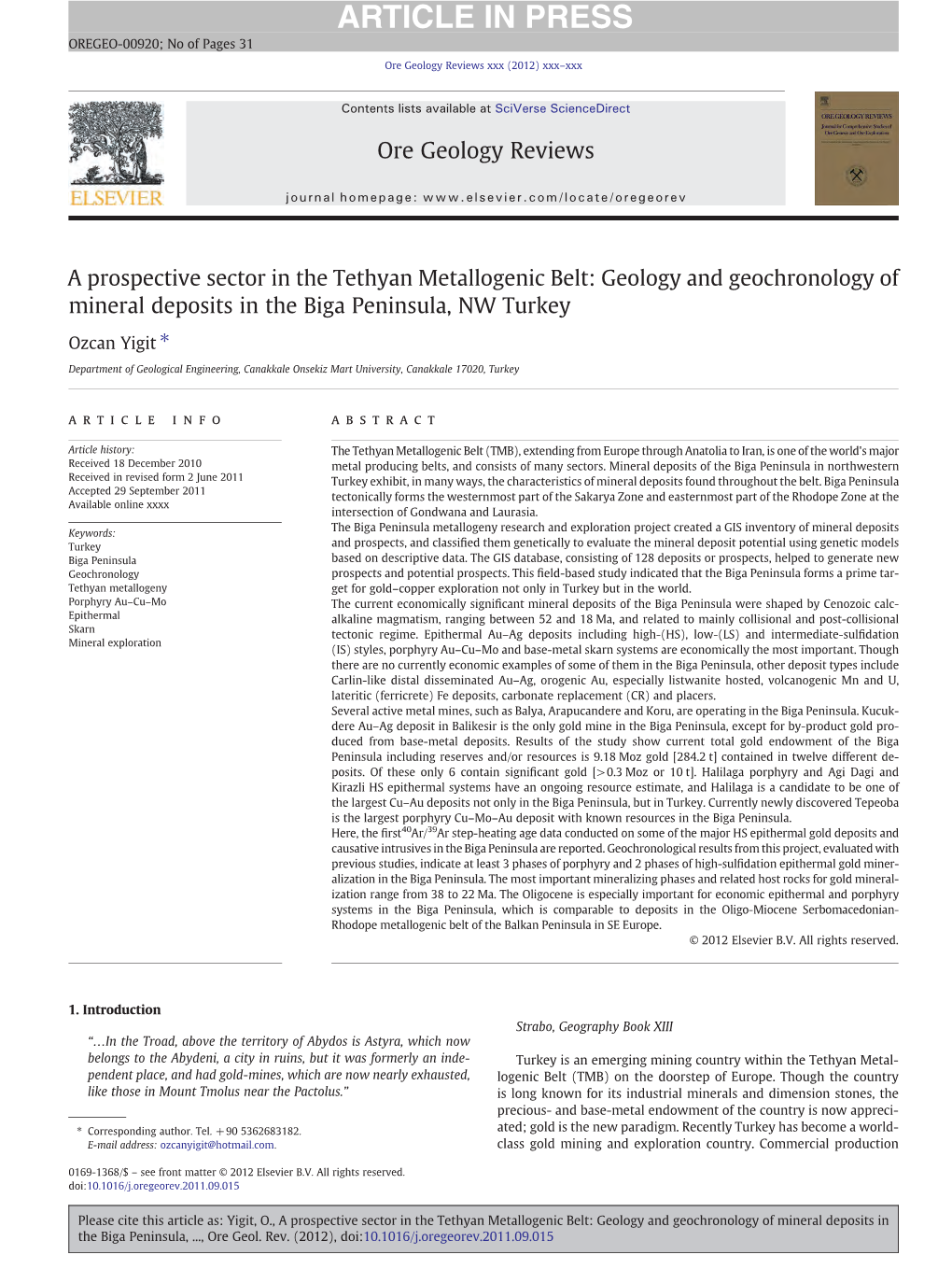 Geology and Geochronology of Mineral Deposits in the Biga Peninsula, NW Turkey