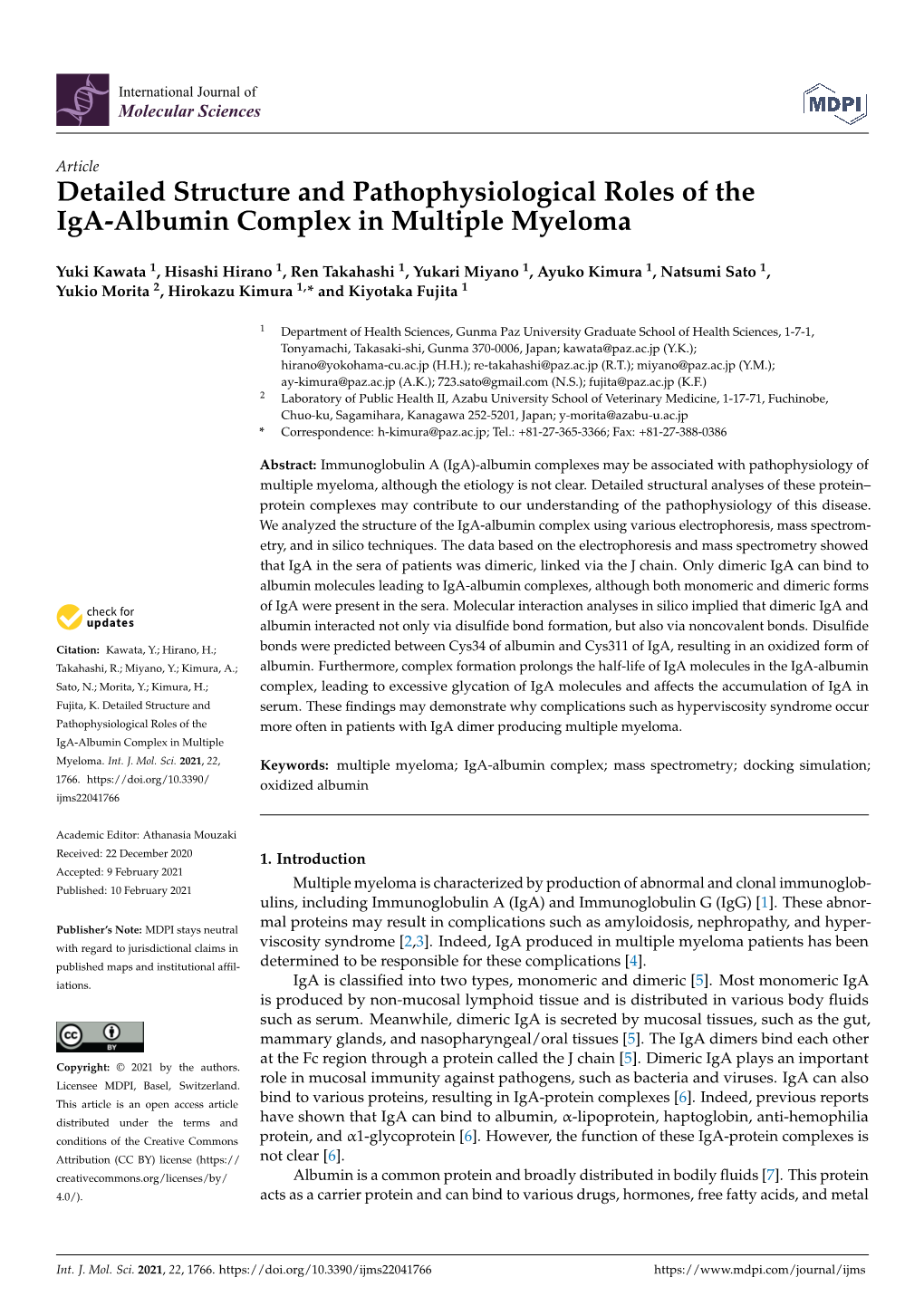 Detailed Structure and Pathophysiological Roles of the Iga-Albumin Complex in Multiple Myeloma