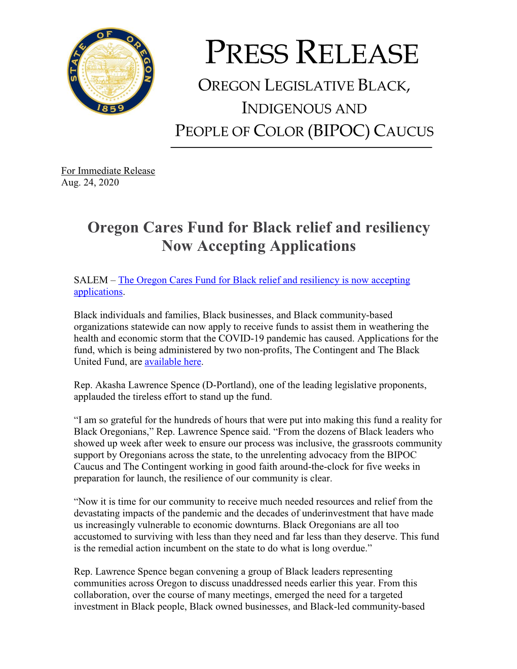 Press Release Oregon Legislative Black