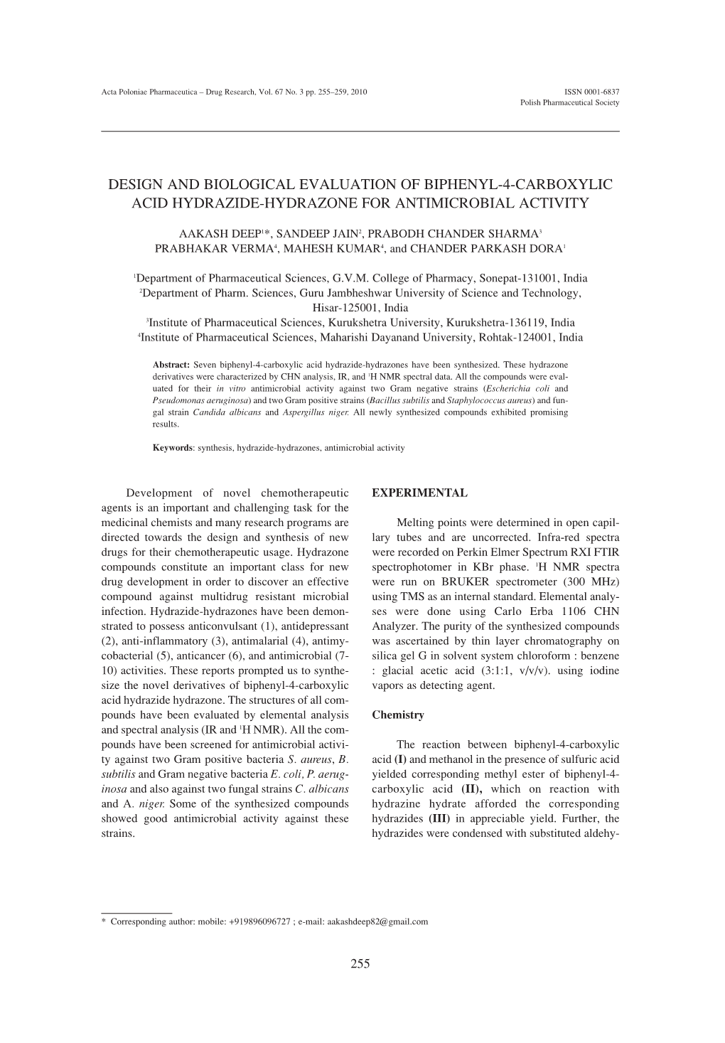 Design and Biological Evaluation of Biphenyl-4-Carboxylic Acid Hydrazide-Hydrazone for Antimicrobial Activity