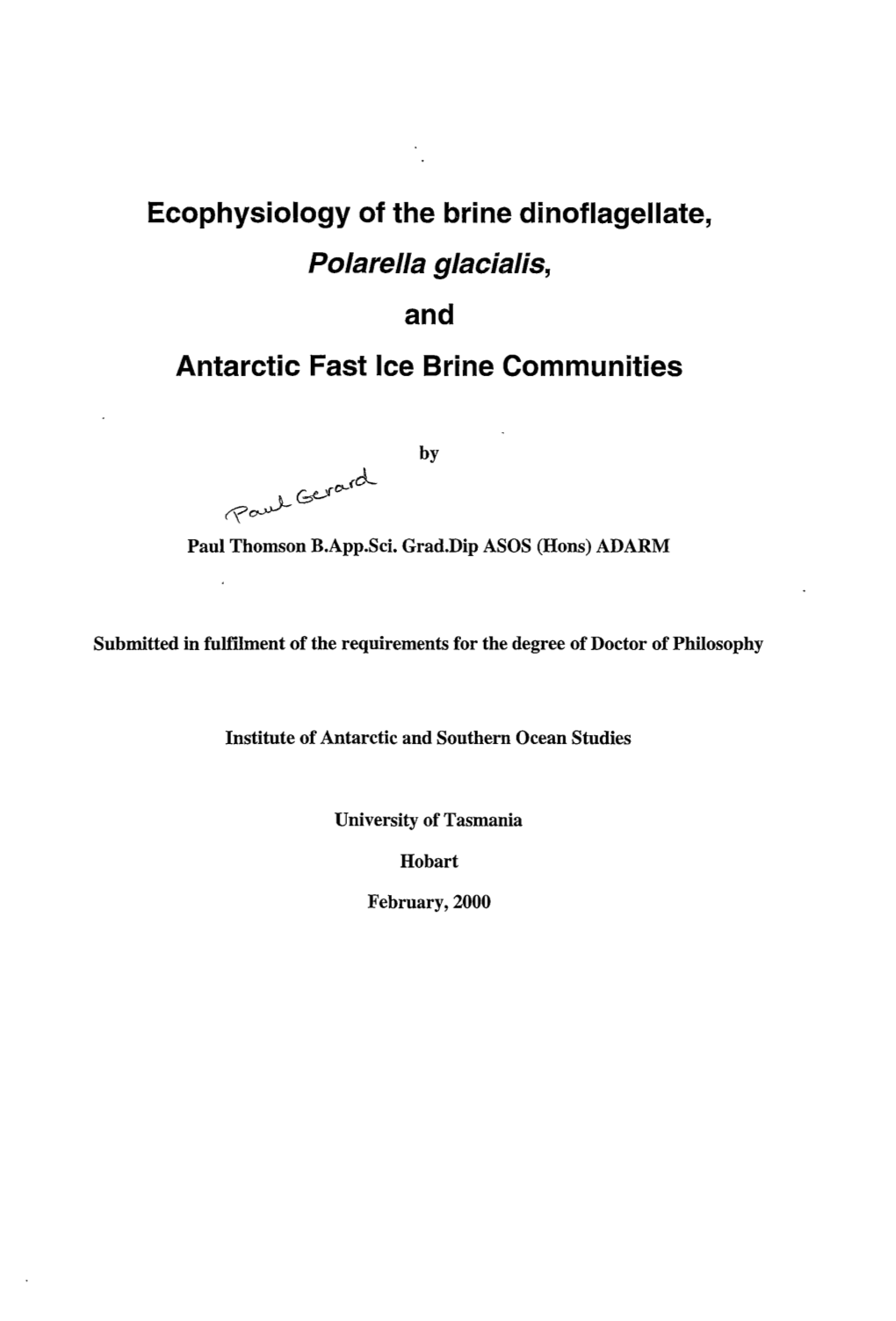 Ecophysiology of the Brine Dinoflagellate, Polarella Glacialis