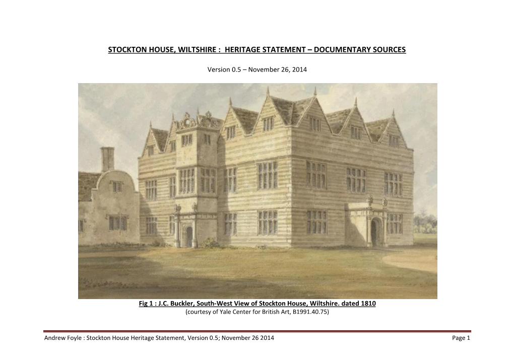 Stockton House, Wiltshire : Heritage Statement – Documentary Sources