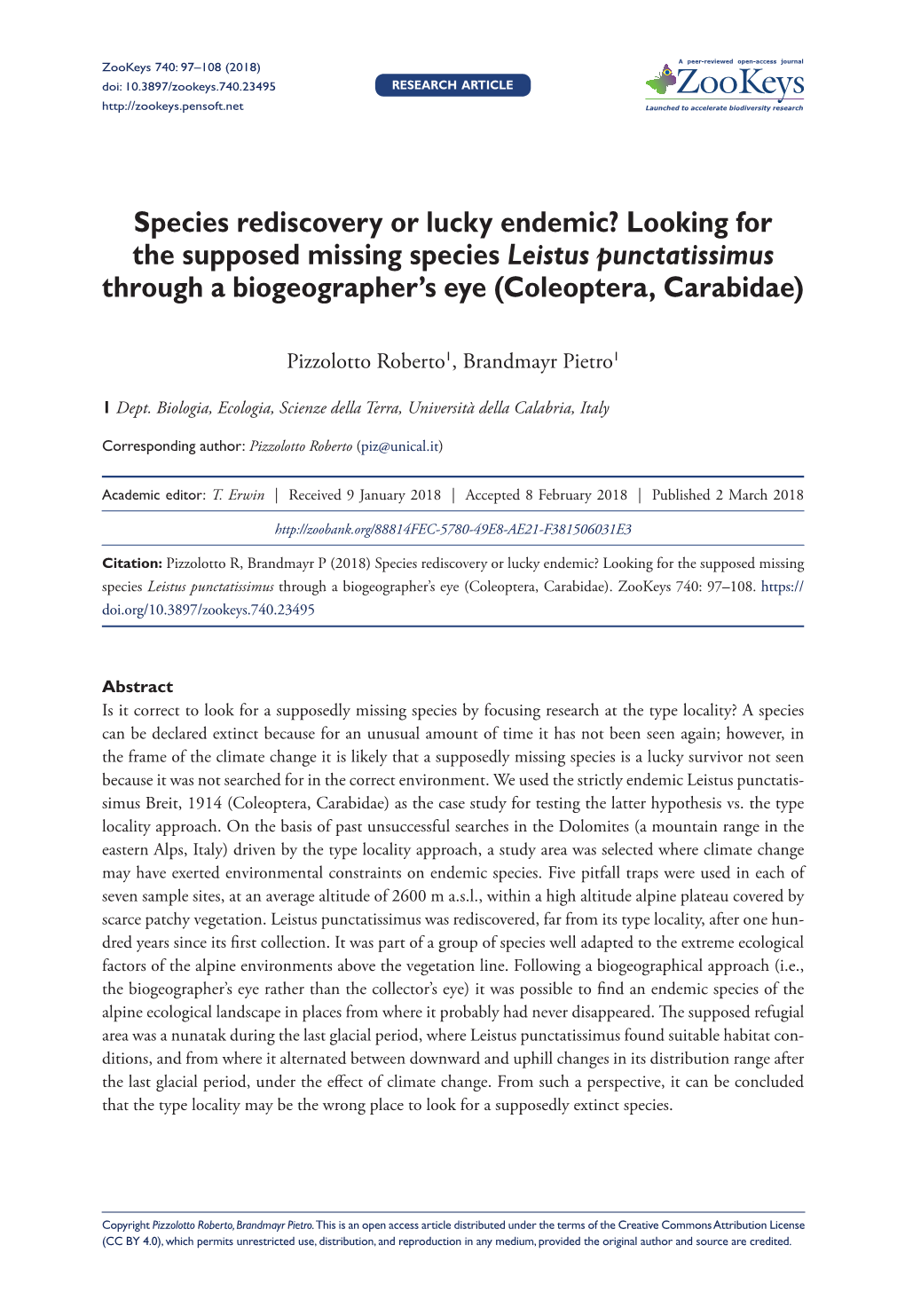 Species Rediscovery Or Lucky Endemic? Looking for the Supposed Missing Species Leistus Punctatissimus Through a Biogeographer’S Eye (Coleoptera, Carabidae)