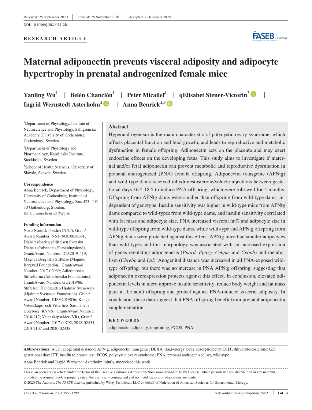Maternal Adiponectin Prevents Visceral Adiposity and Adipocyte Hypertrophy in Prenatal Androgenized Female Mice