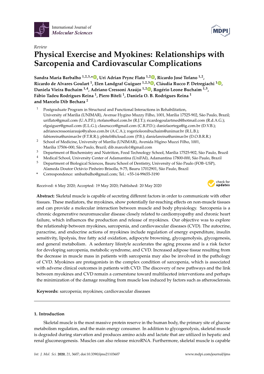 Physical Exercise and Myokines: Relationships with Sarcopenia and Cardiovascular Complications