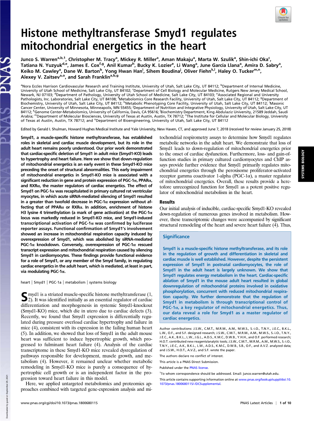 Histone Methyltransferase Smyd1 Regulates Mitochondrial Energetics in the Heart