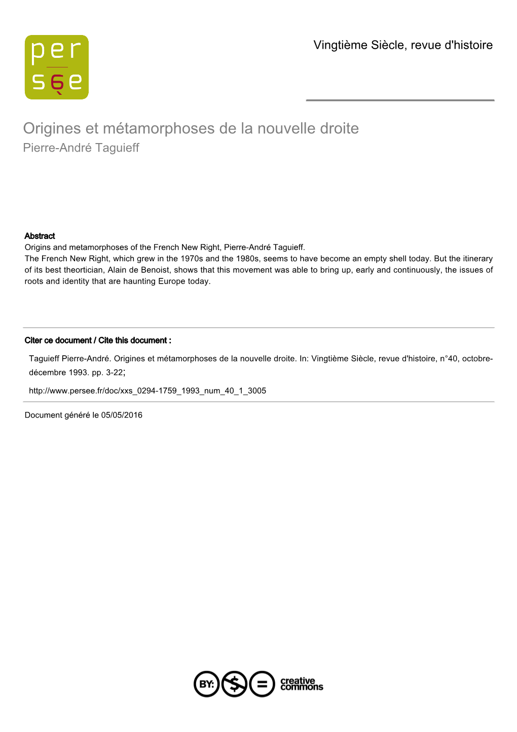 Origines Et Métamorphoses De La Nouvelle Droite Pierre-André Taguieff