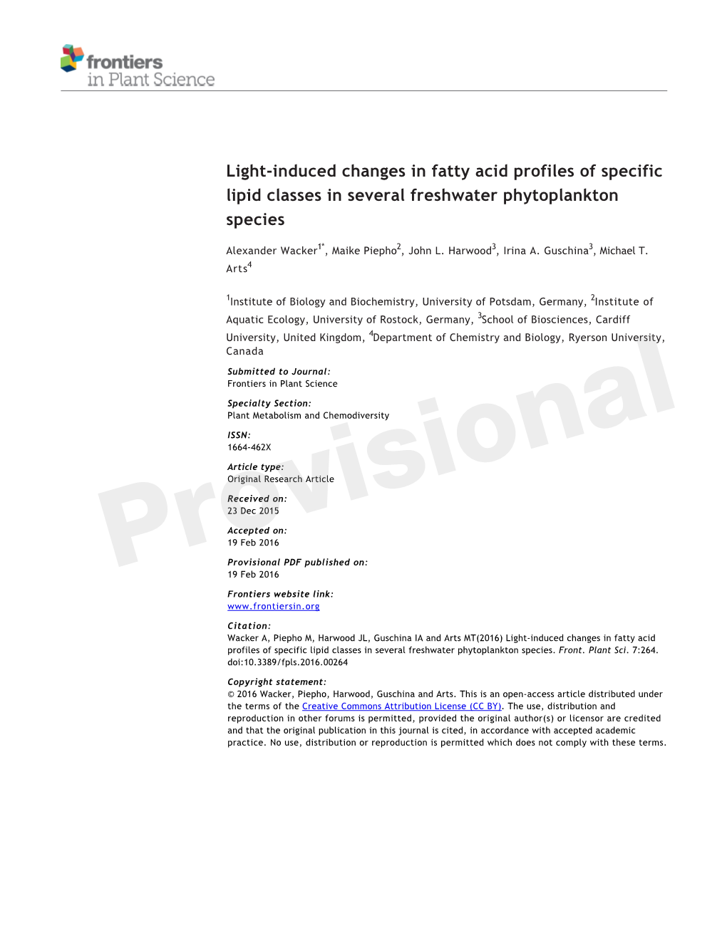 Light-Induced Changes in Fatty Acid Profiles of Specific Lipid Classes in Several Freshwater Phytoplankton Species