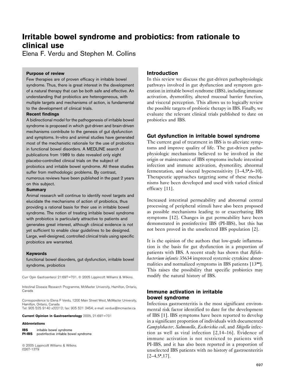 Irritable Bowel Syndrome and Probiotics: from Rationale to Clinical Use Elena F