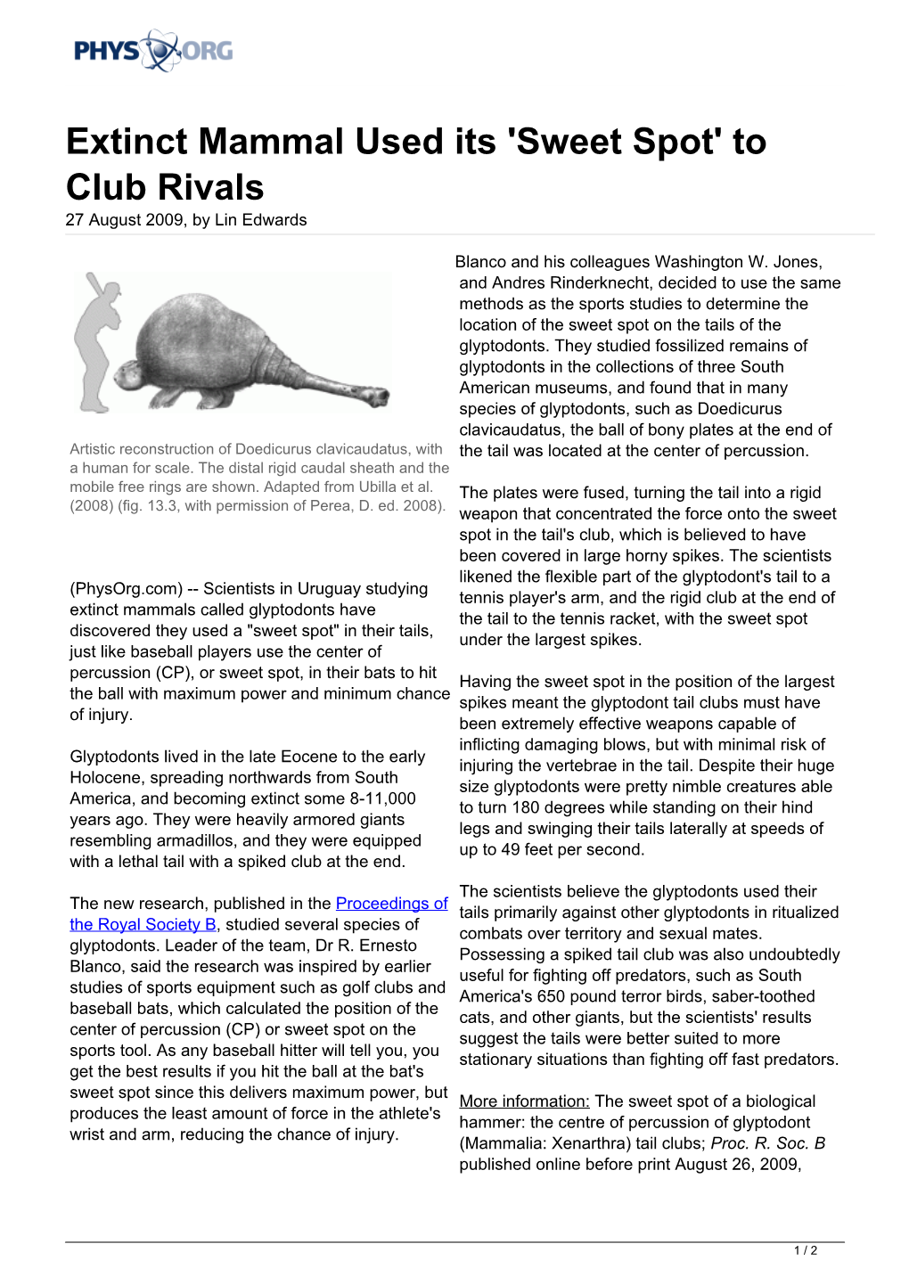 Extinct Mammal Used Its 'Sweet Spot' to Club Rivals 27 August 2009, by Lin Edwards