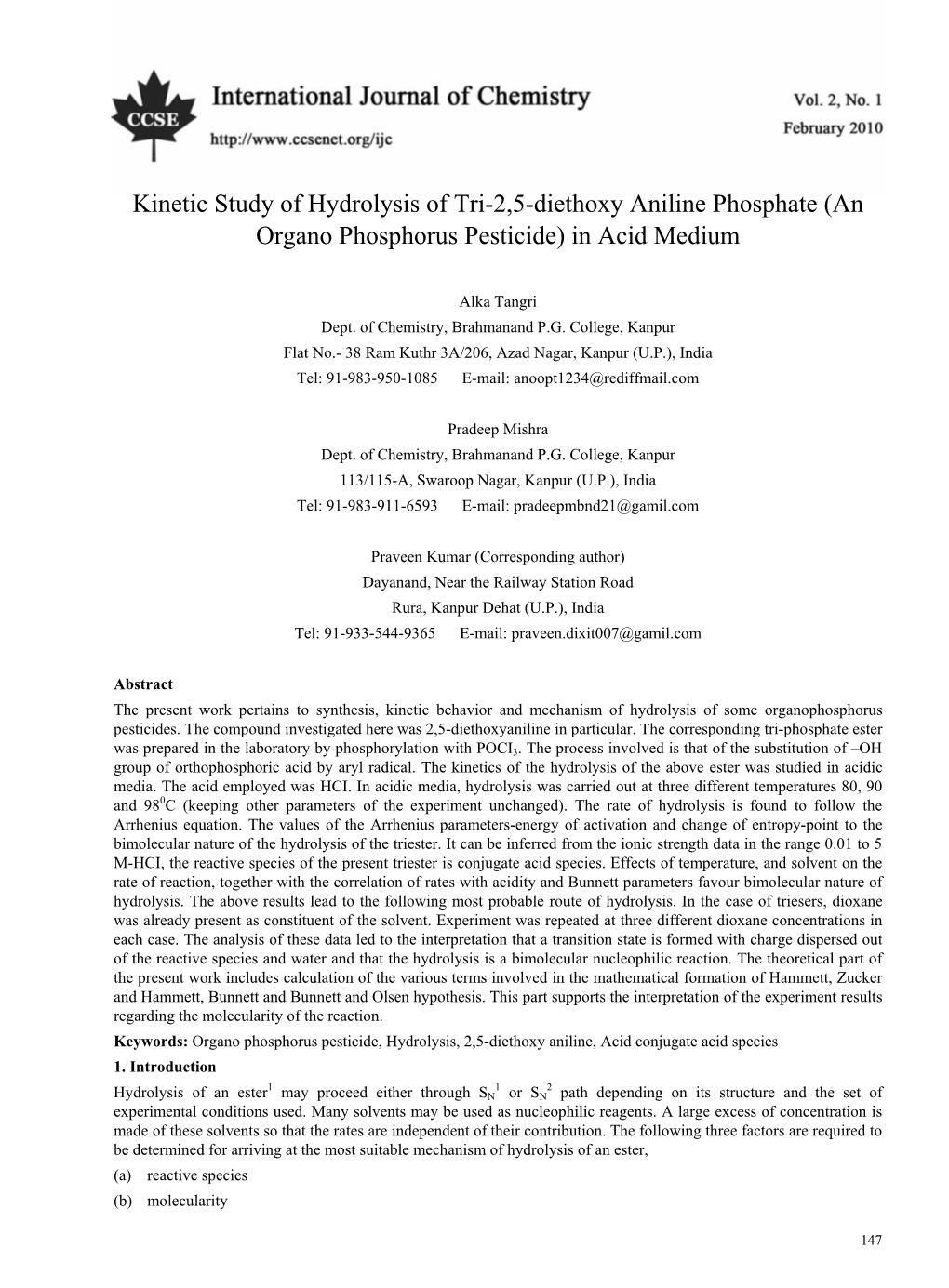 Kinetic Study of Hydrolysis of Tri-2,5-Diethoxy Aniline Phosphate (An Organo Phosphorus Pesticide) in Acid Medium