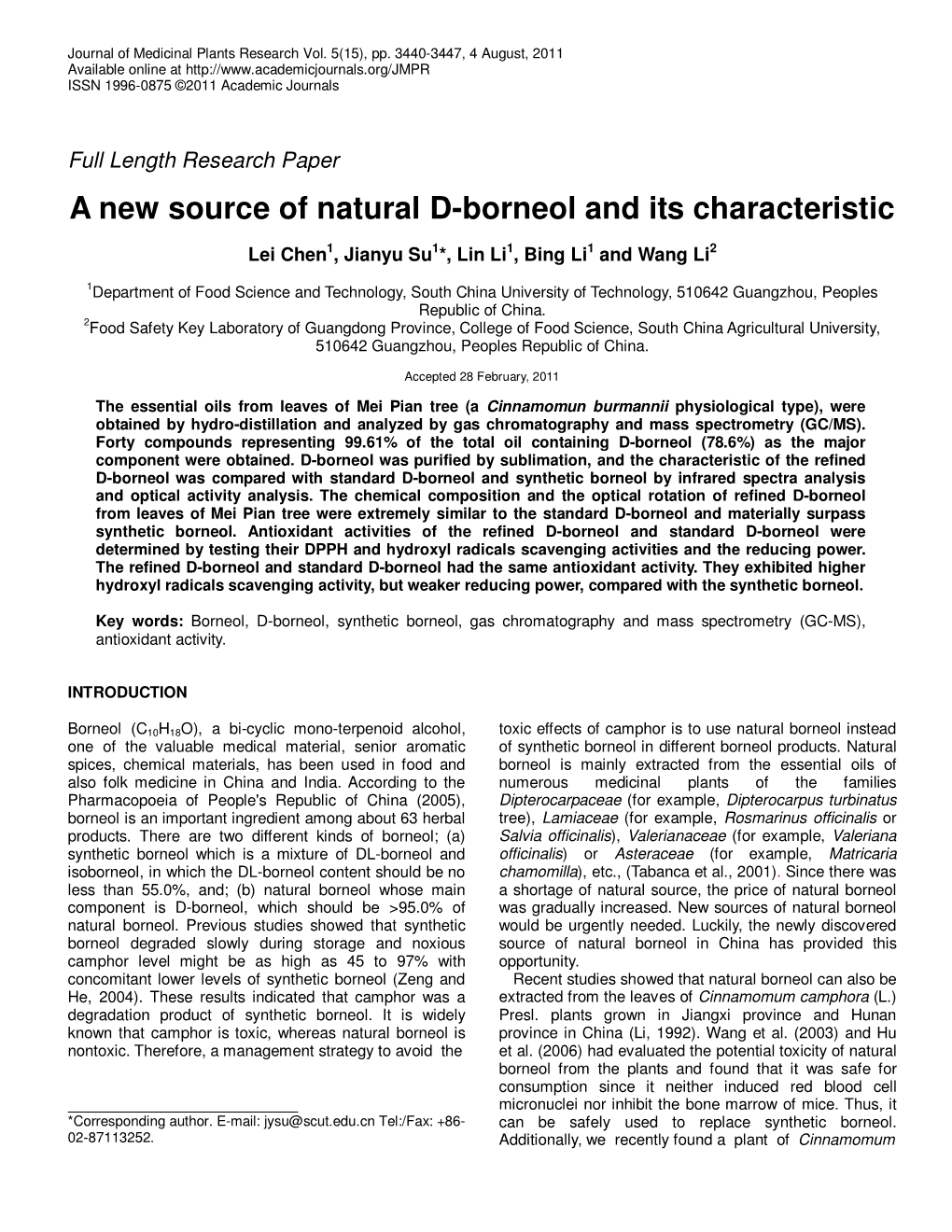 A New Source of Natural D-Borneol and Its Characteristic