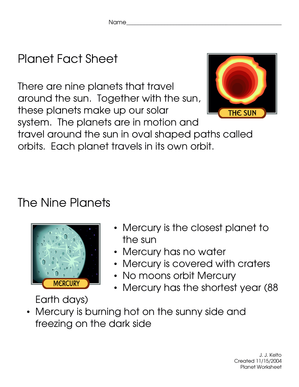 Planet Fact Sheet the Nine Planets