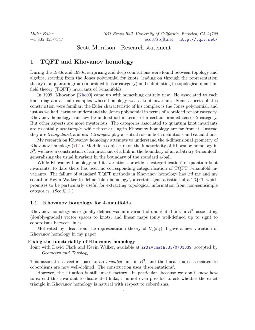 Research Statement 1 TQFT and Khovanov Homology