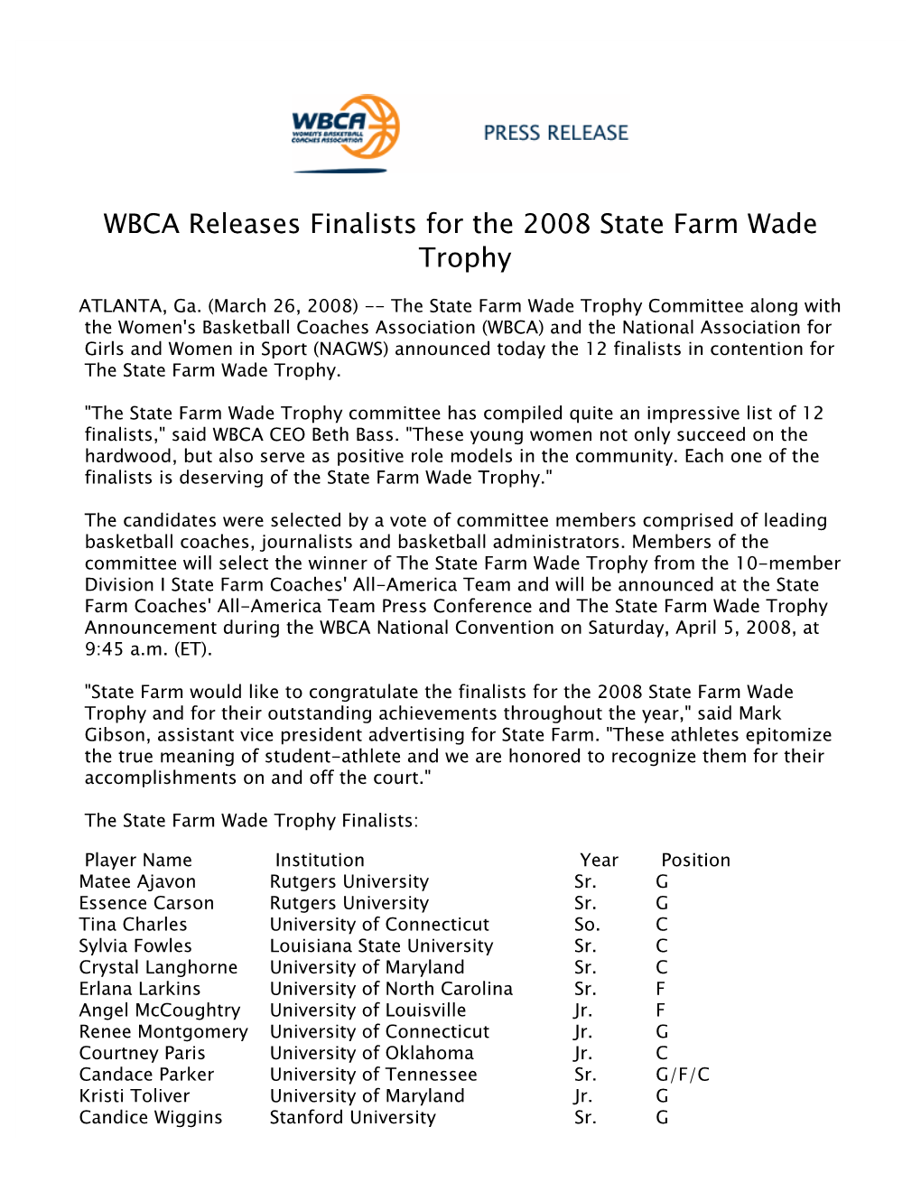 WBCA Releases Finalists for the 2008 State Farm Wade Trophy 2007-08