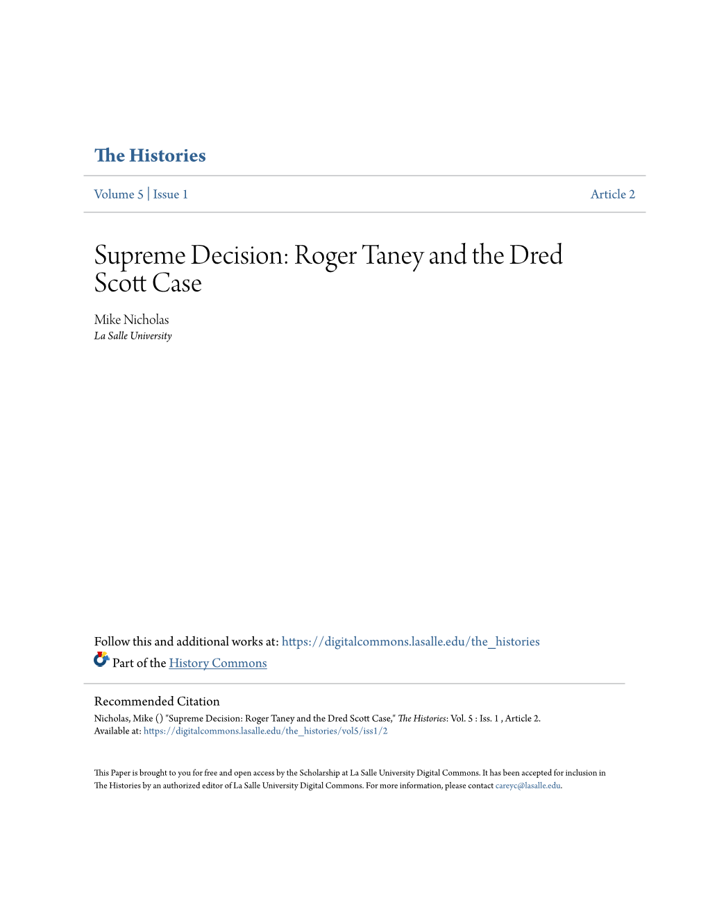 Roger Taney and the Dred Scott Case by Mike Nicholas ‘07