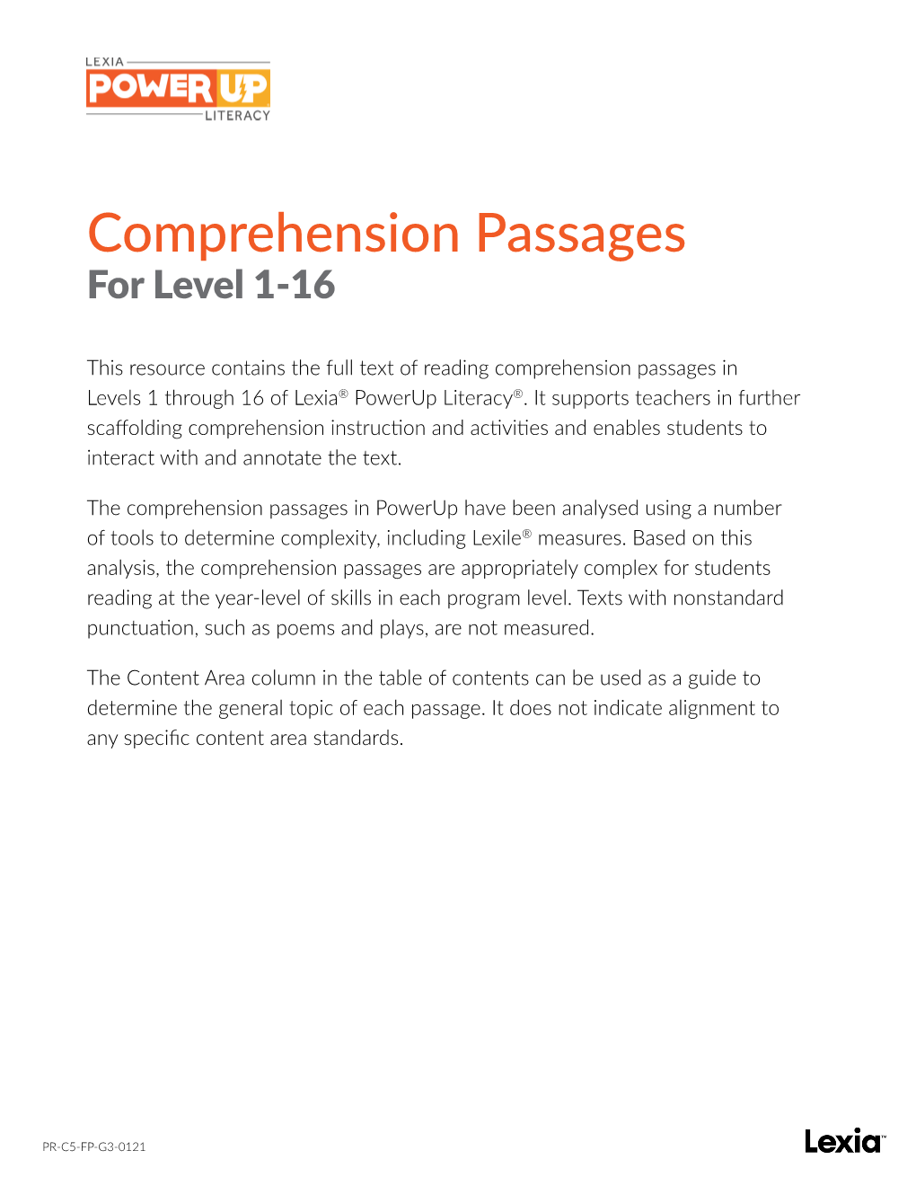 Comprehension Passages for Level 1-16