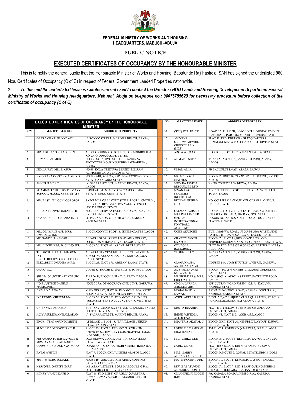 Executed Certificates of Occupancy by the Honourable Minister