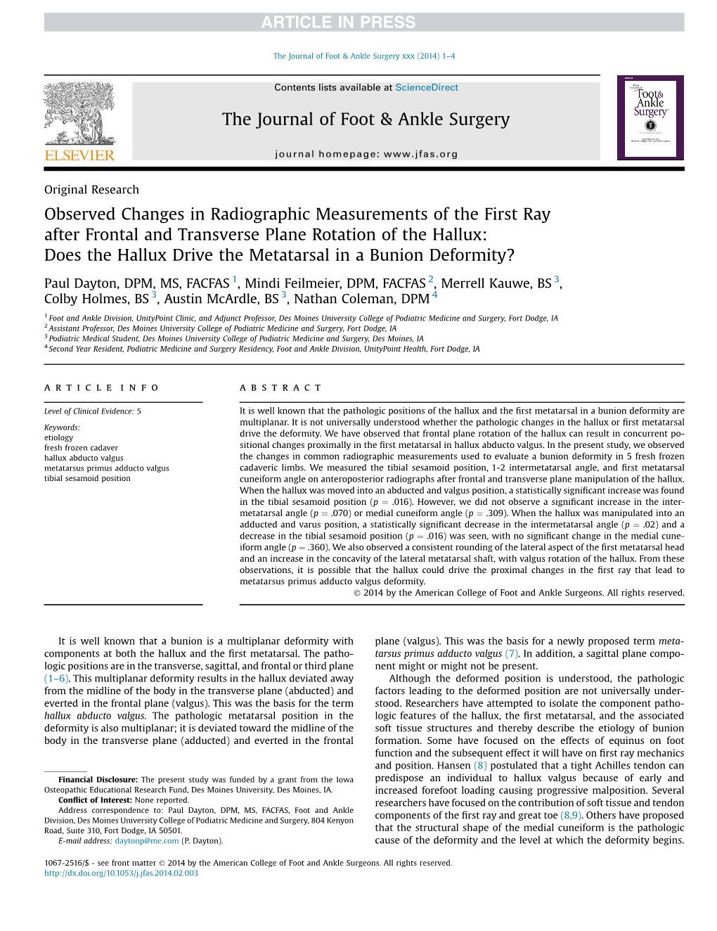 Observed Changes in Radiographic Measurements of The