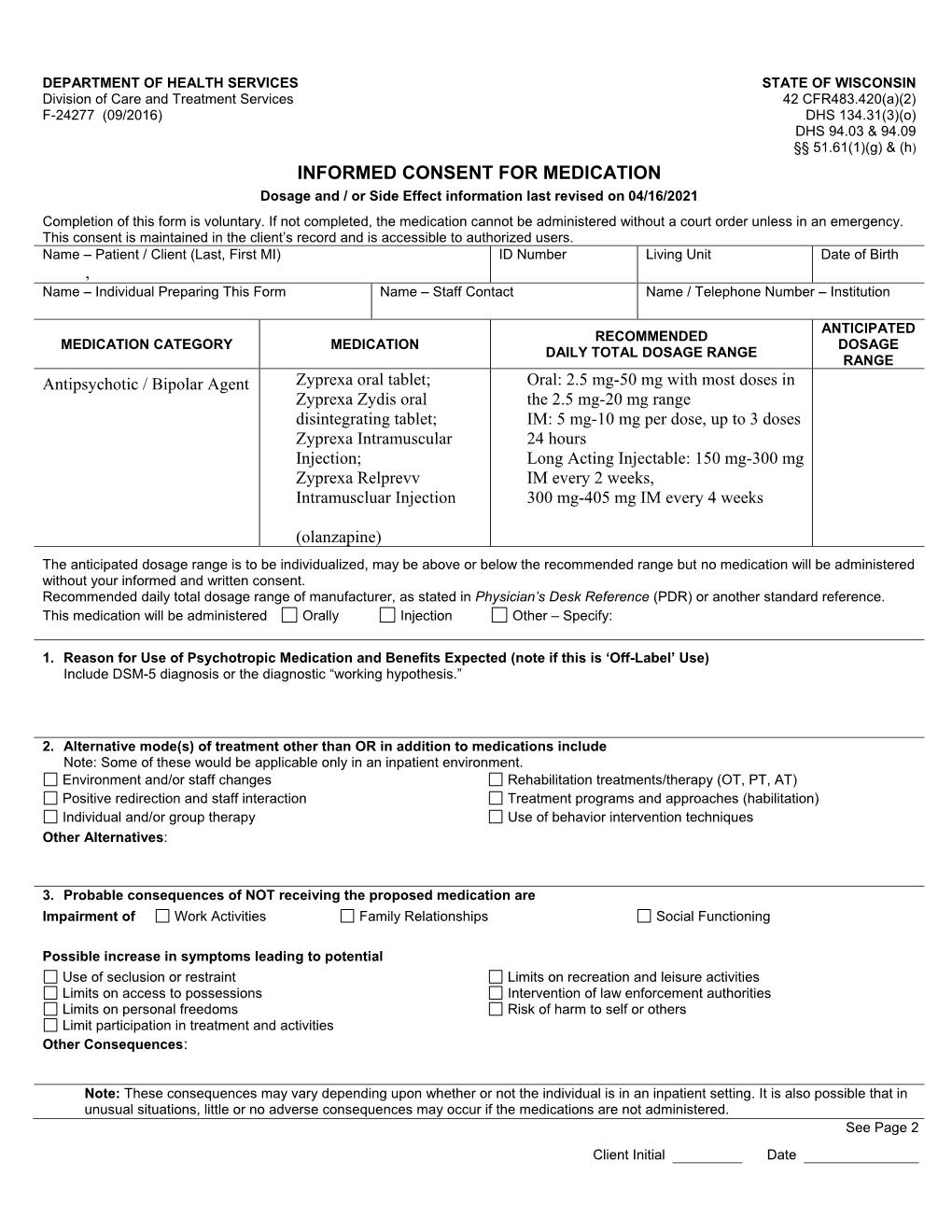 Informed Consent for Medication, Zyprexa