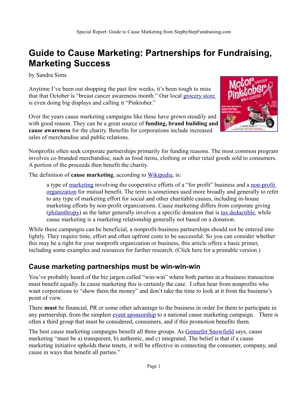 Guide to Cause Marketing: Partnerships for Fundraising, Marketing Success by Sandra Sims
