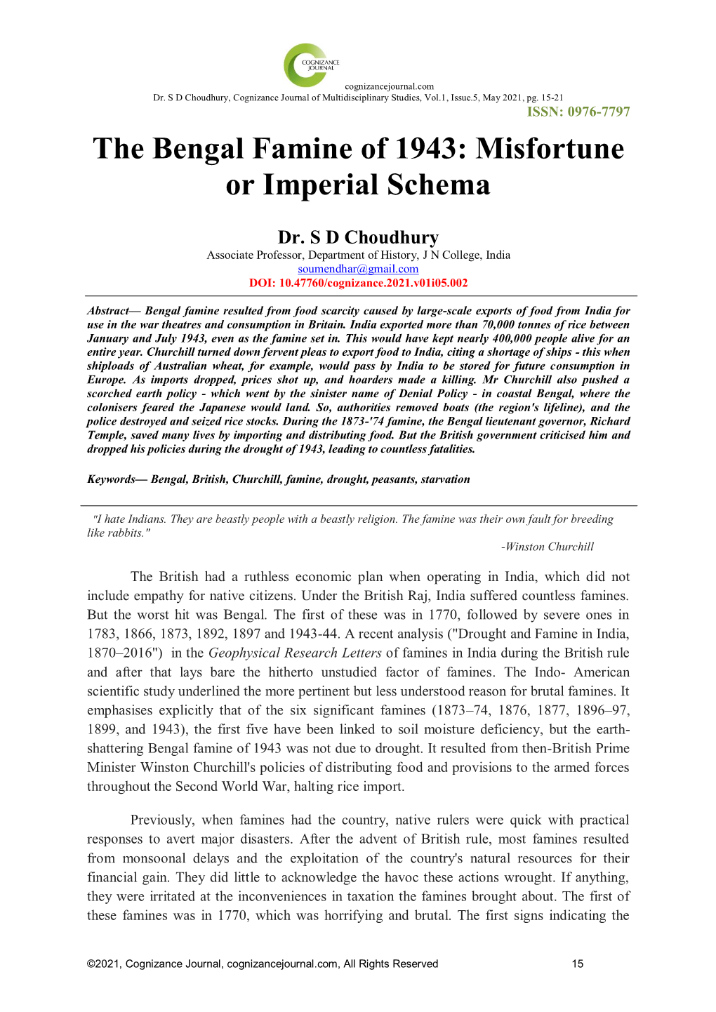 The Bengal Famine of 1943: Misfortune Or Imperial Schema