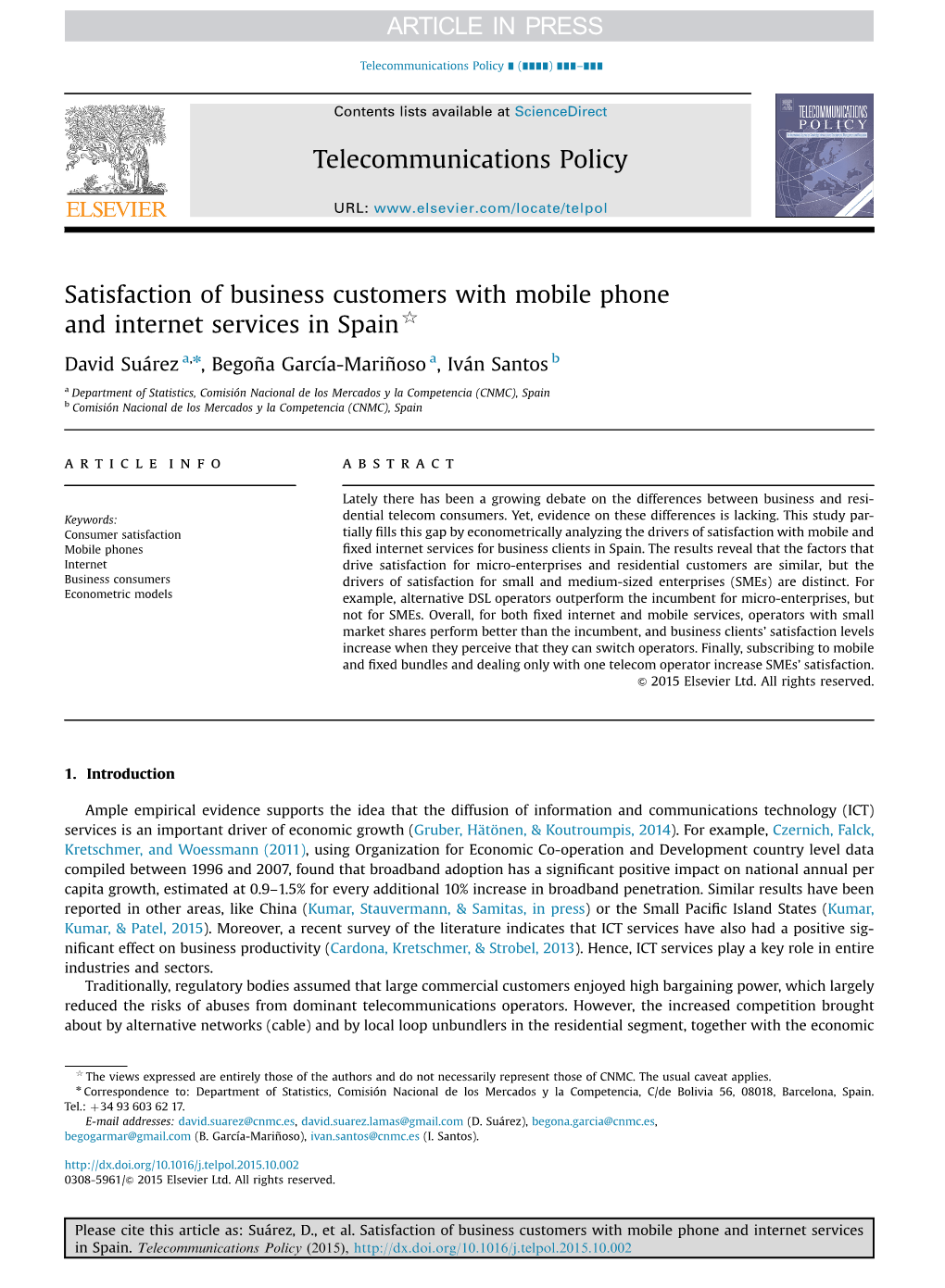 Satisfaction of Business Customers with Mobile Phone and Internet Services in Spain$