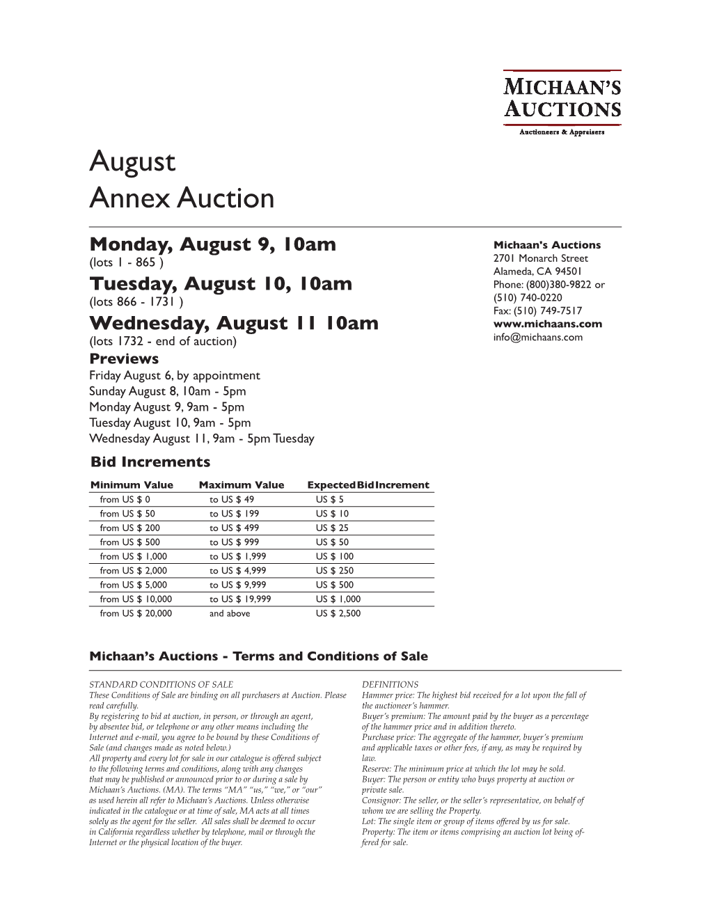 Catalog for August 9, 2021 August Annex Auction