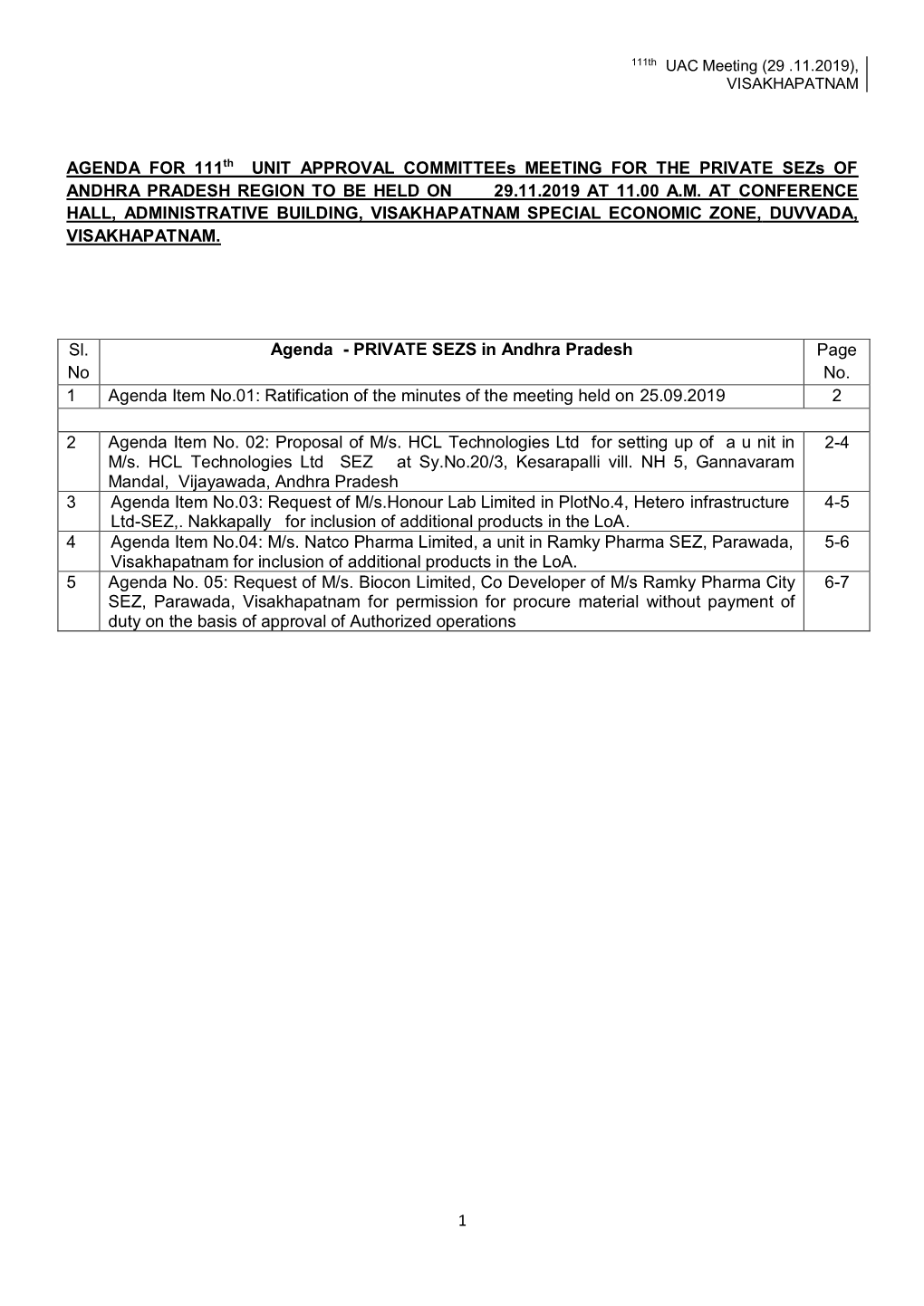 1 AGENDA for 111Th UNIT APPROVAL Committees