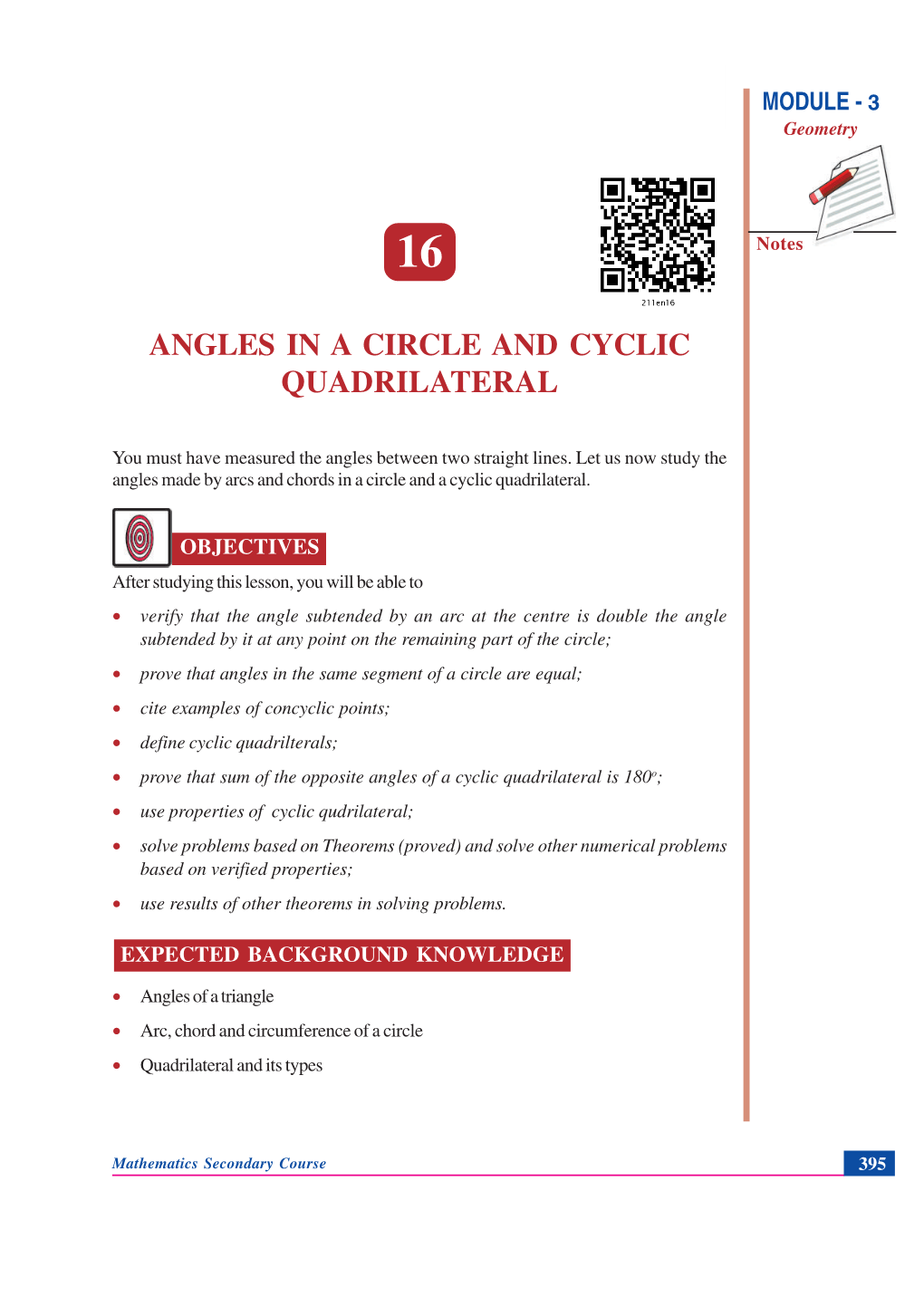 Angles in a Circle and Cyclic Quadrilateral MODULE - 3 Geometry