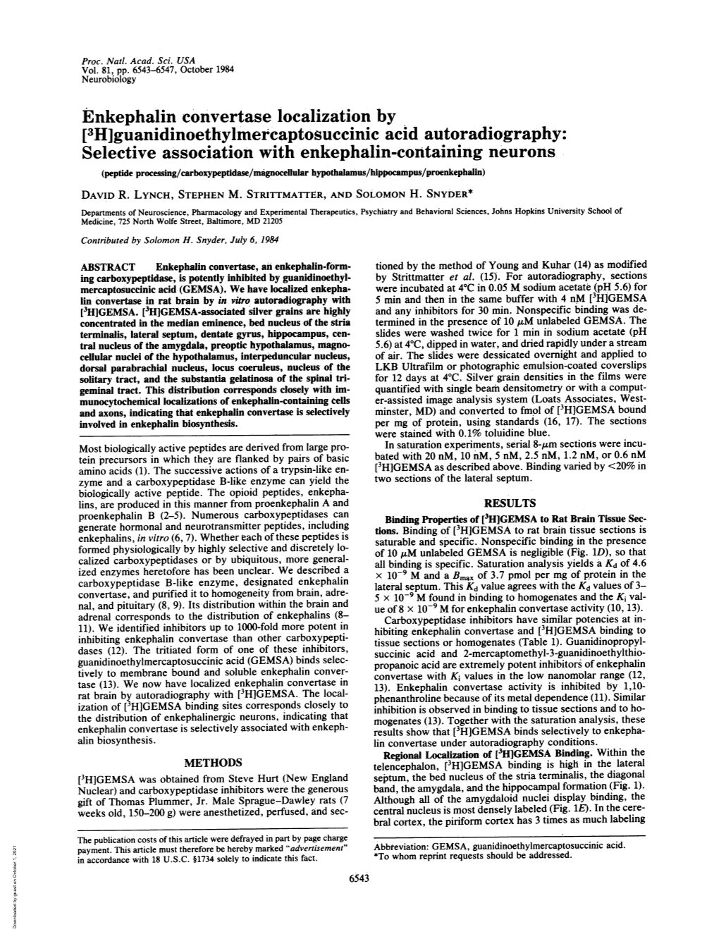 Selective Association with Enkephalin-Containing Neurons (Peptide Processing/Carboxypeptidase/Magnoceliular Hypothalamus/Hippocampus/Proenkephalin) DAVID R