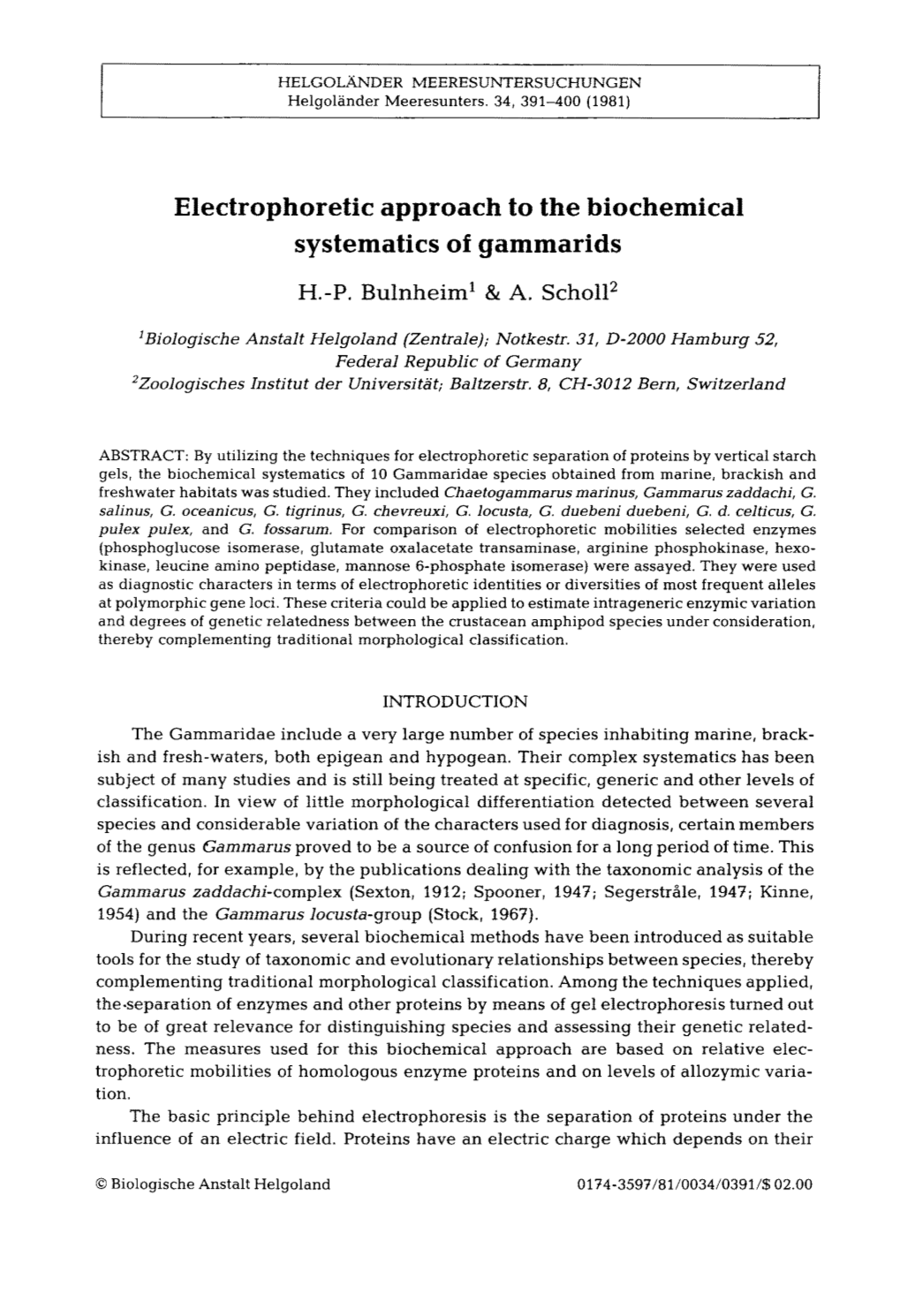 Electrophoretic Approach to the Biochemical Systematics of Gammarids