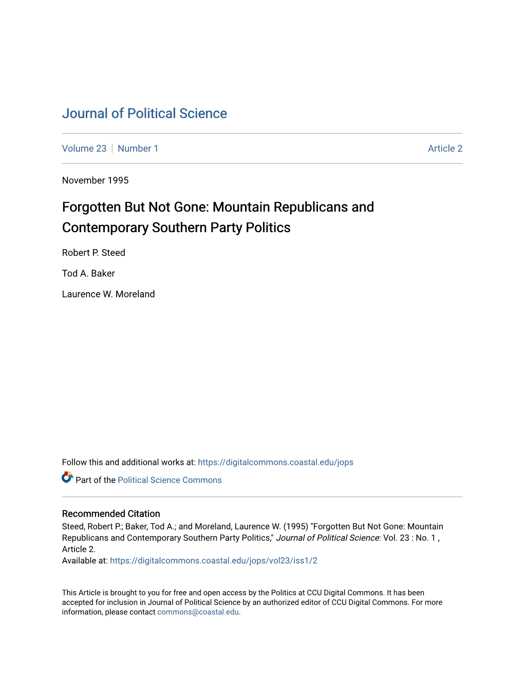 Mountain Republicans and Contemporary Southern Party Politics