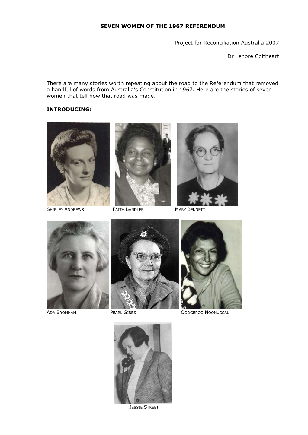 SEVEN WOMEN of the 1967 REFERENDUM Project For