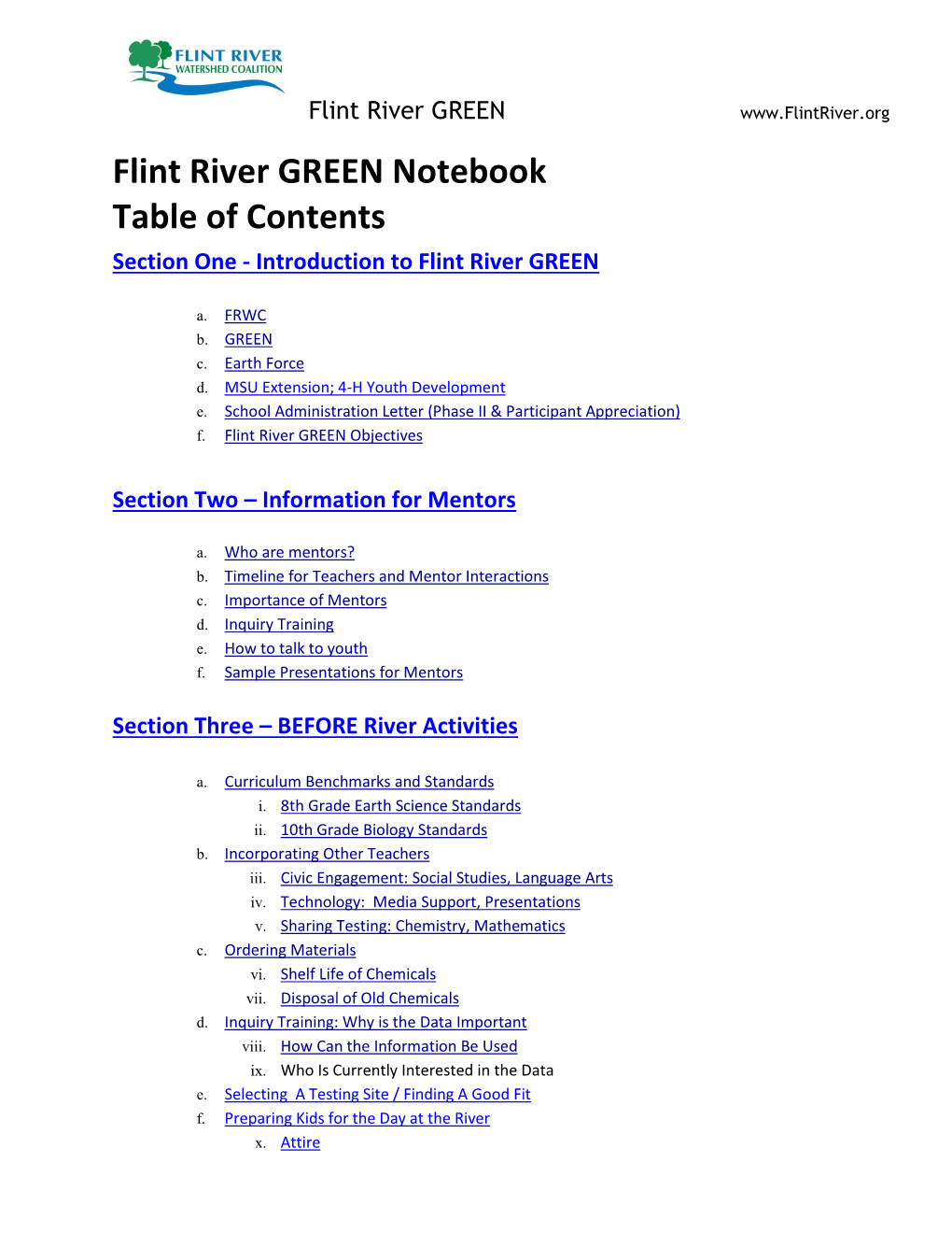 Flint River GREEN Notebook Table of Contents Section One - Introduction to Flint River GREEN