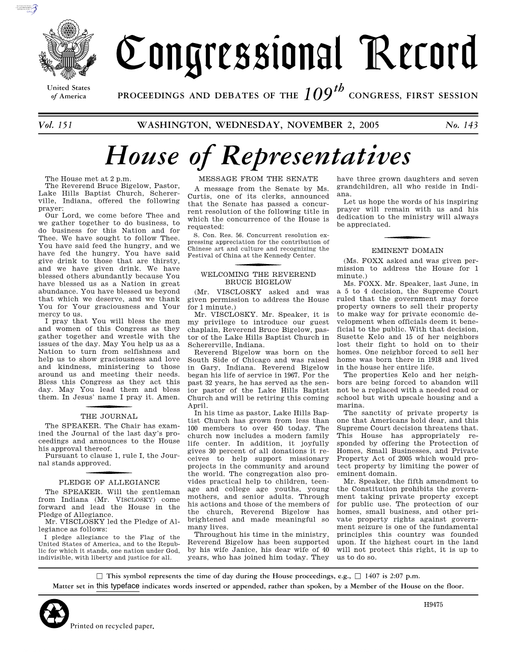 Congressional Record United States Th of America PROCEEDINGS and DEBATES of the 109 CONGRESS, FIRST SESSION