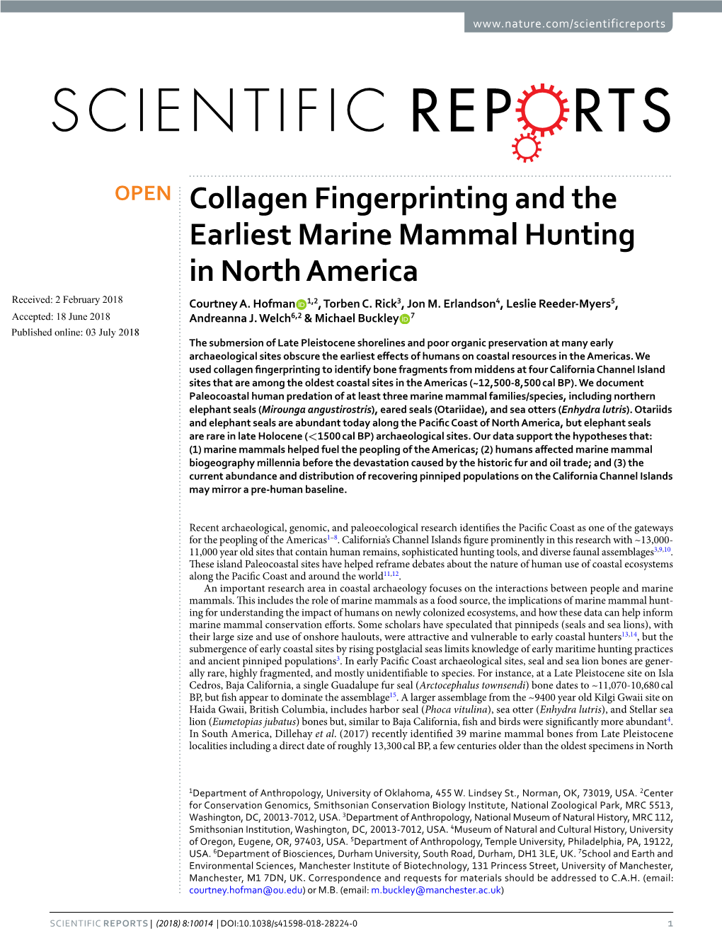 Collagen Fingerprinting and the Earliest Marine Mammal Hunting in North America Received: 2 February 2018 Courtney A