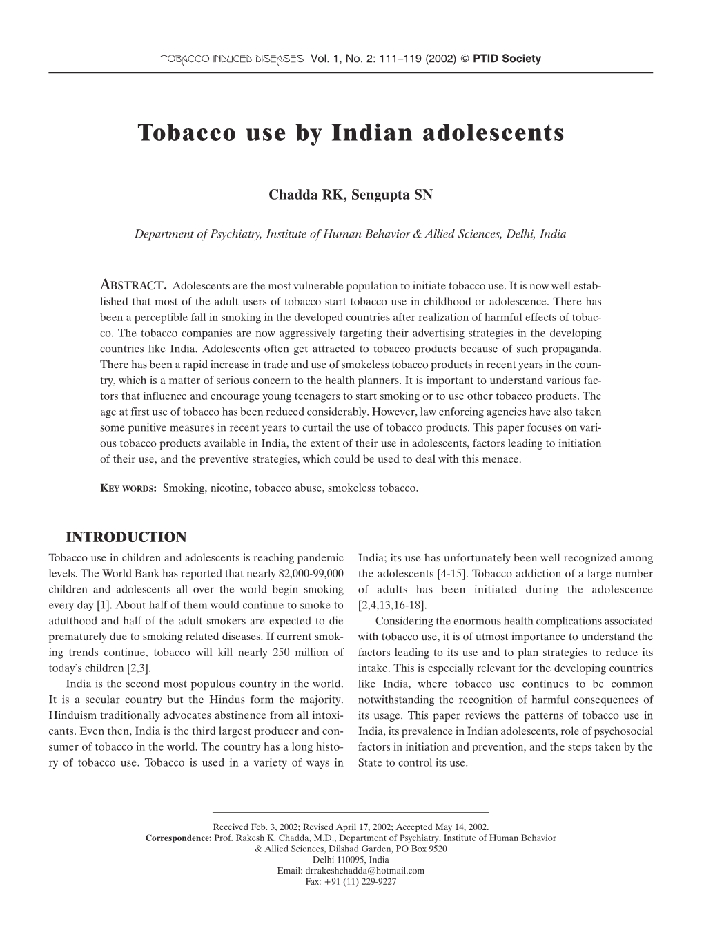 Tobacco Use by Indian Adolescents