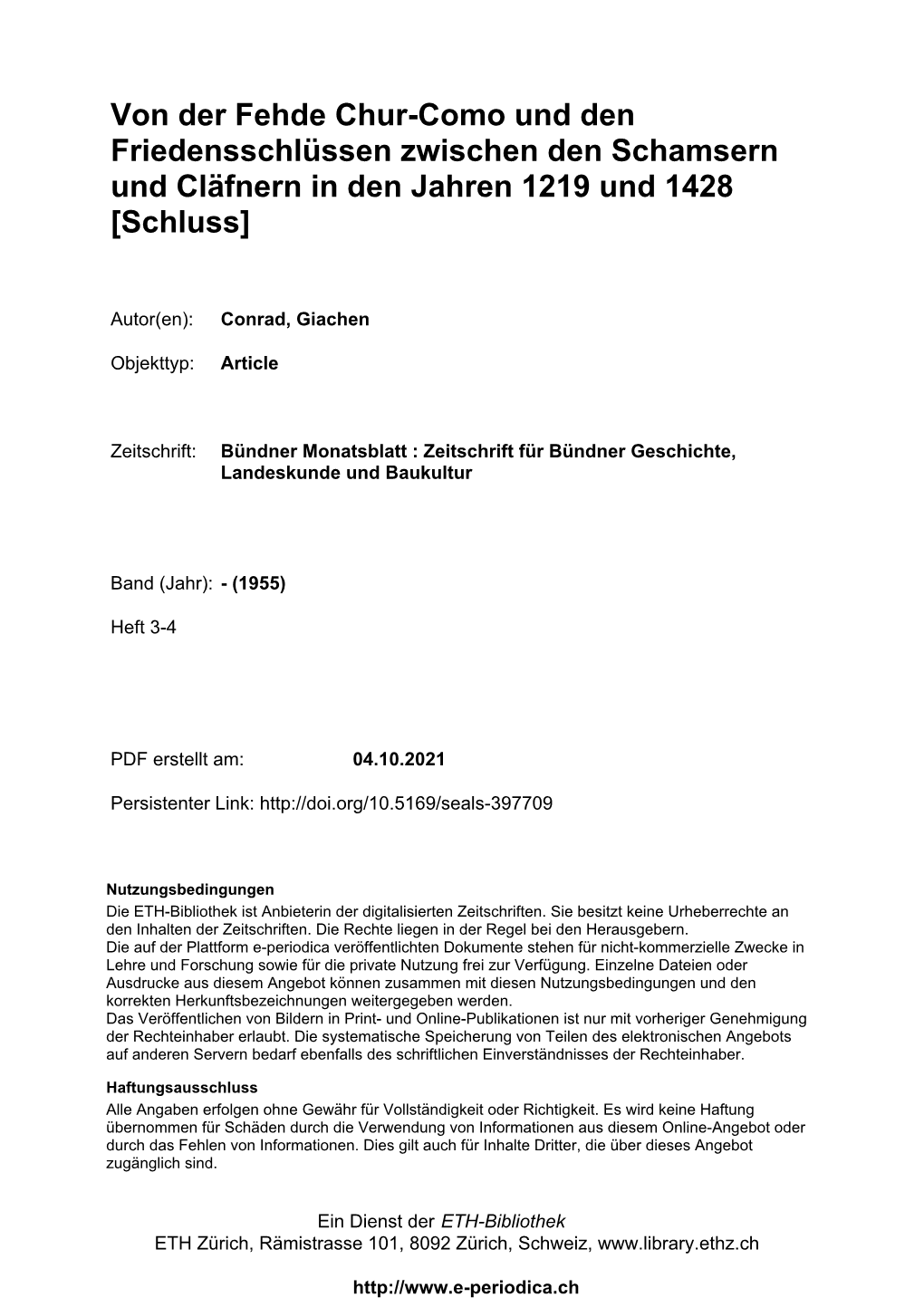 Von Der Fehde Chur-Como Und Den Friedensschlüssen Zwischen Den Schamsern Und Cläfnern in Den Jahren 1219 Und 1428 [Schluss]