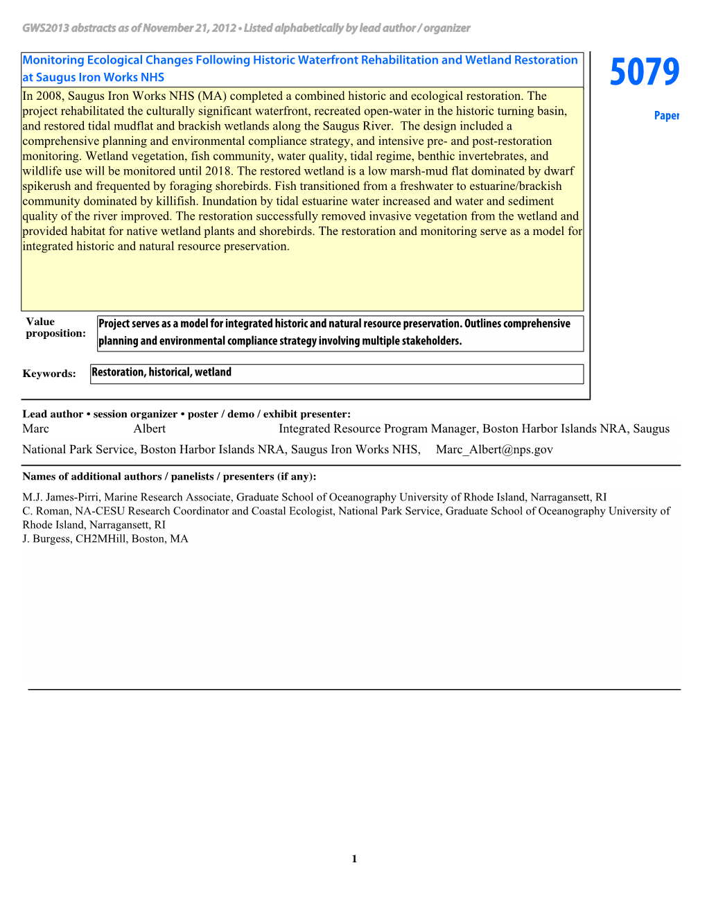 Paper Monitoring Ecological Changes Following Historic Waterfront Rehabilitation and Wetland Restoration at Saugus Iron Works NH