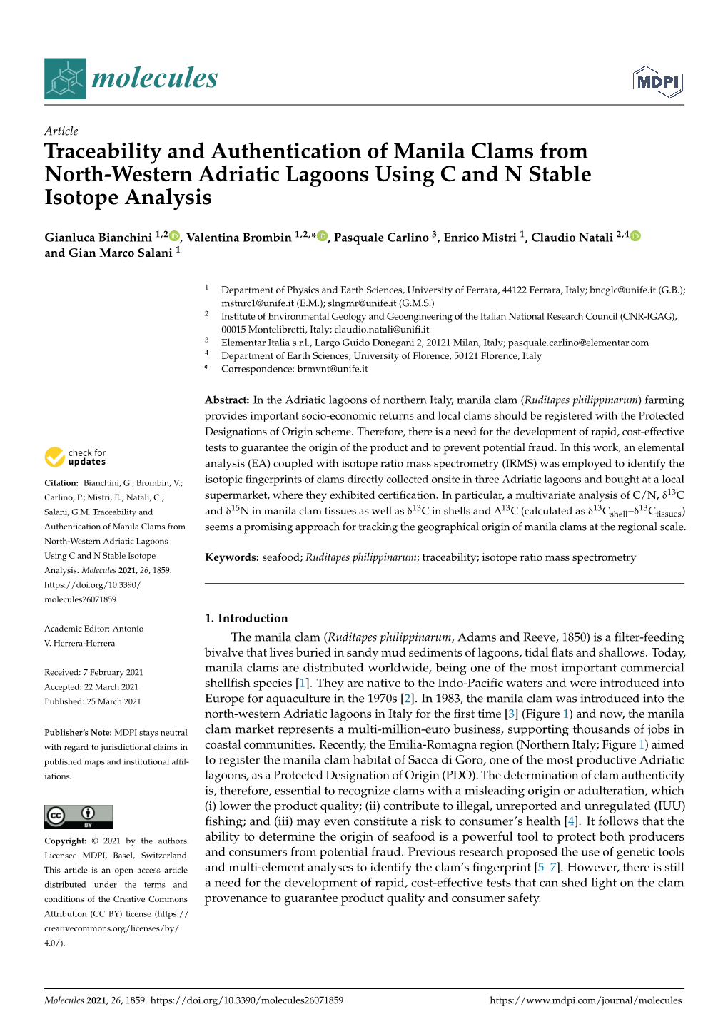 Traceability and Authentication of Manila Clams from North-Western Adriatic Lagoons Using C and N Stable Isotope Analysis