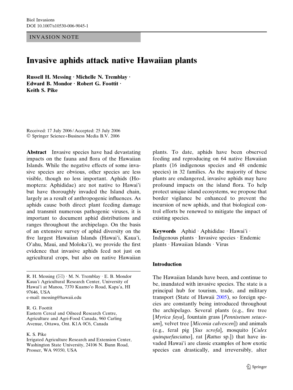 Invasive Aphids Attack Native Hawaiian Plants