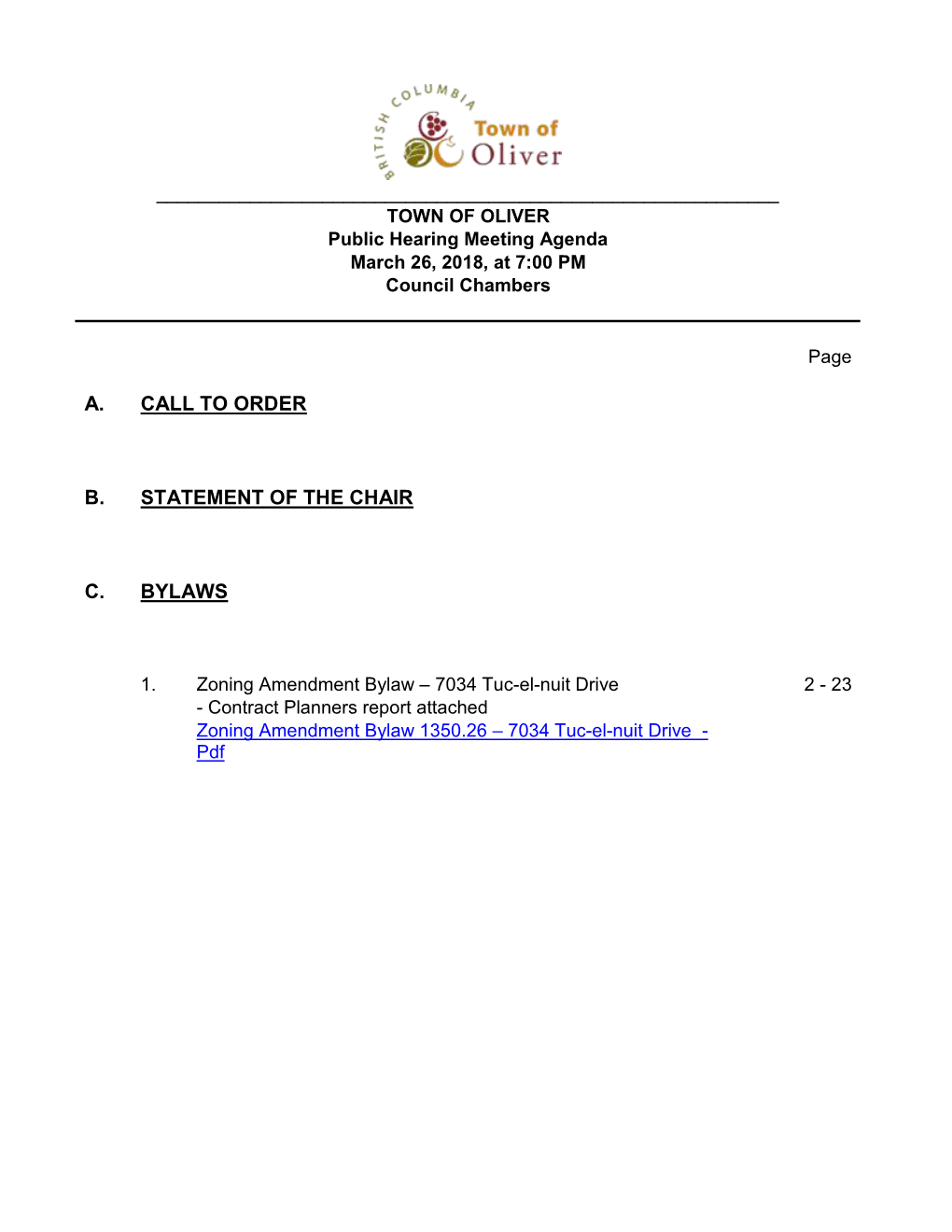 Public Hearing Meeting Agenda March 26, 2018, at 7:00 PM Council Chambers