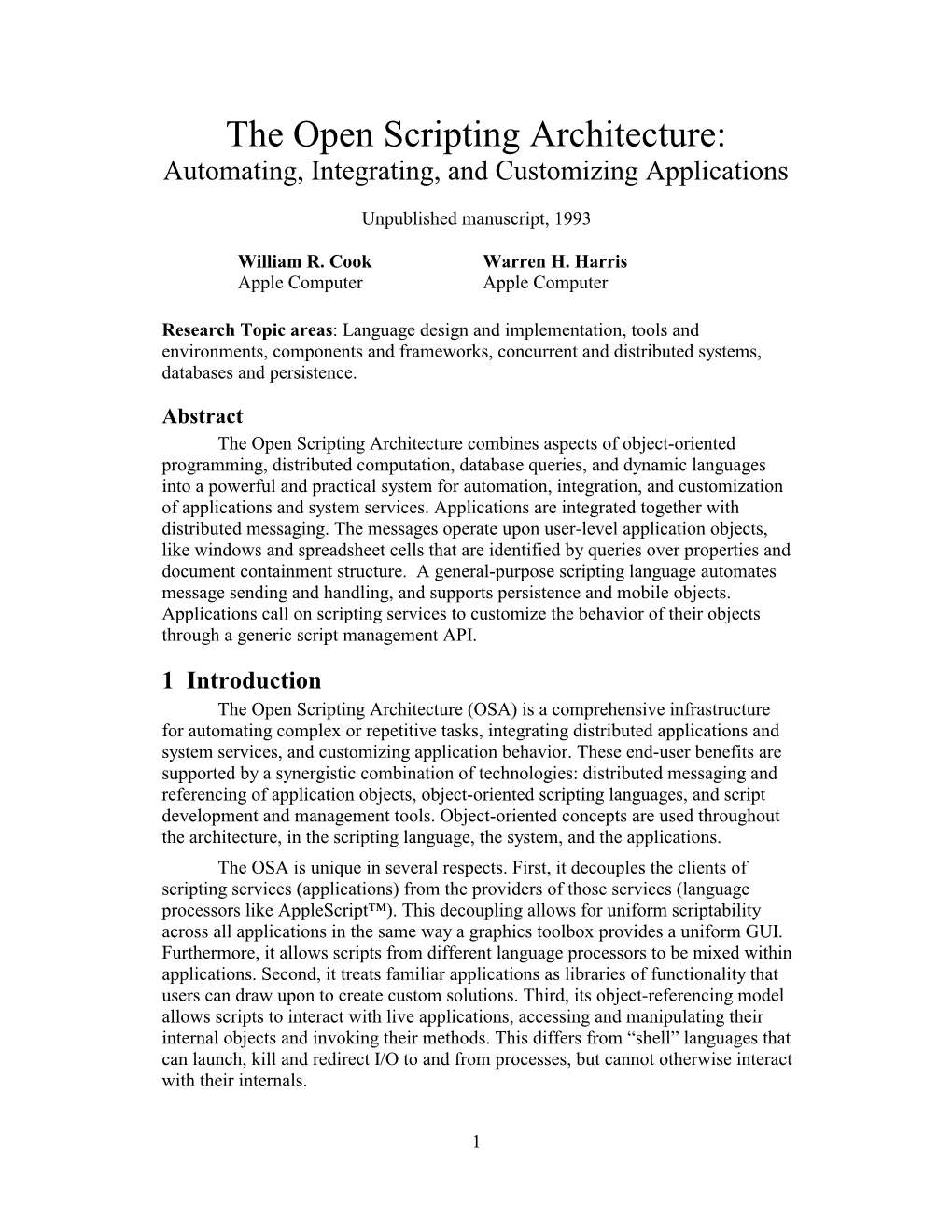 The Open Scripting Architecture: Automating, Integrating, and Customizing Applications