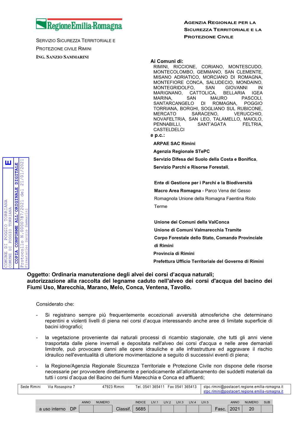 Autorizzazione Alla Raccolta Del Legname Caduto Nell'alveo Dei Corsi D'acqua Del Bacino Dei Fiumi Uso, Marecchia, Marano, Melo, Conca, Ventena, Tavollo