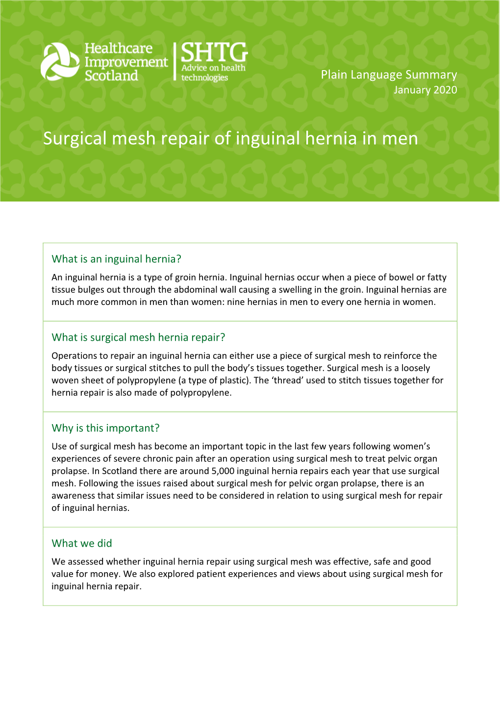 Surgical Mesh Repair of Inguinal Hernia in Men