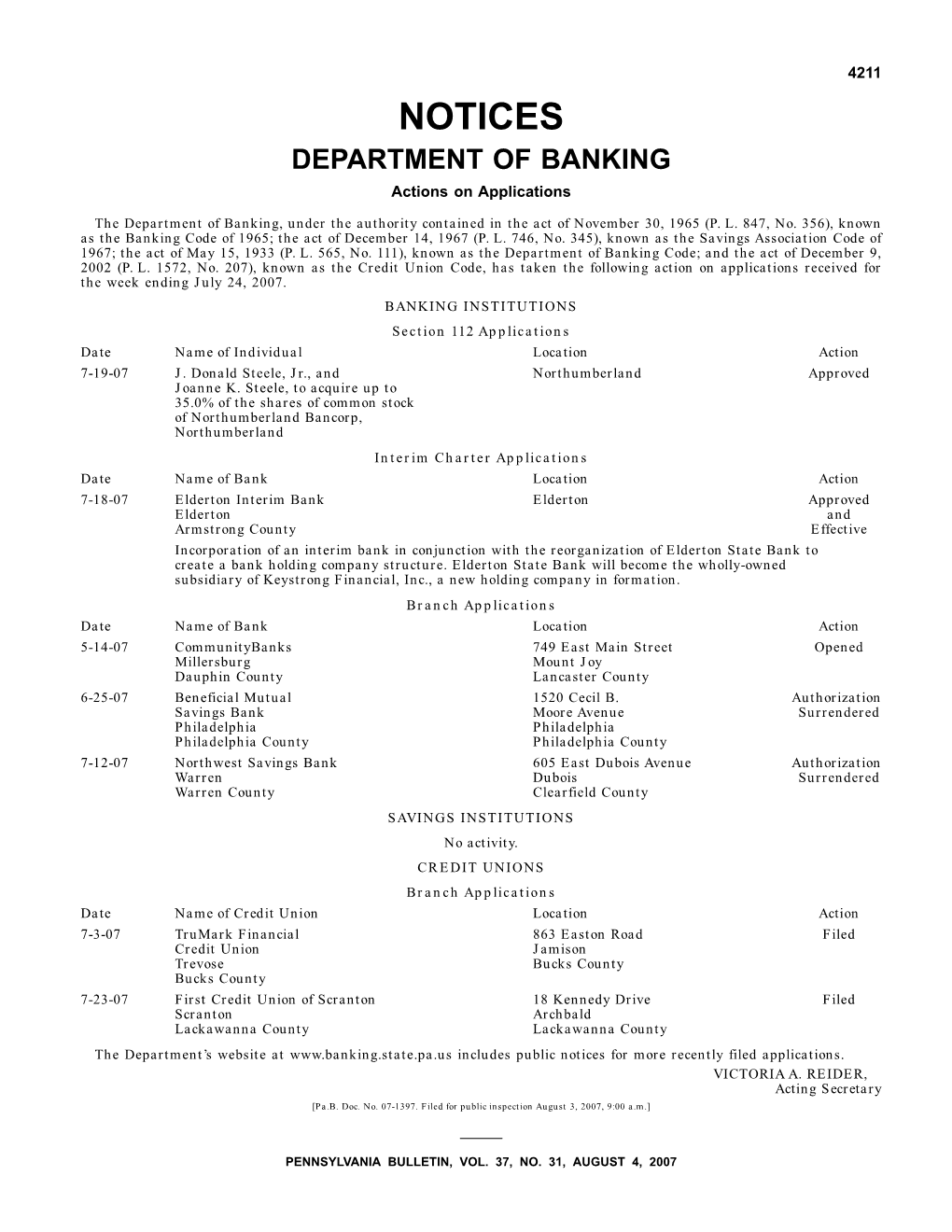 NOTICES DEPARTMENT of BANKING Actions on Applications