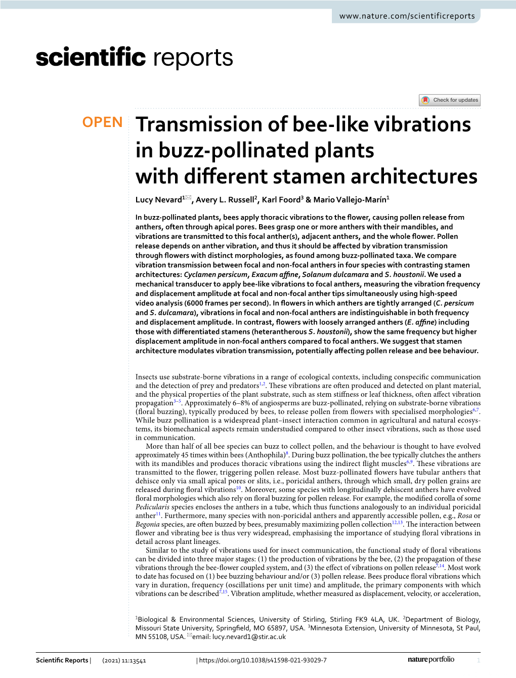 Transmission of Bee-Like Vibrations in Buzz-Pollinated Plants with Different