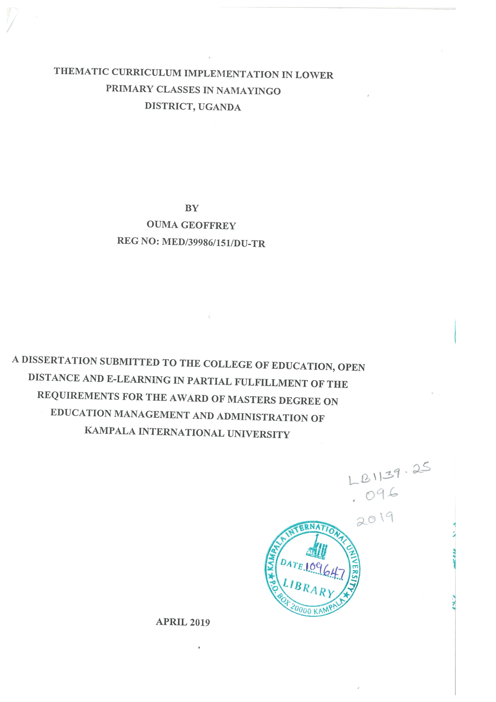 Thematic Curriculum Implementation in Lower Primary Classes in Namayingo District, Uganda